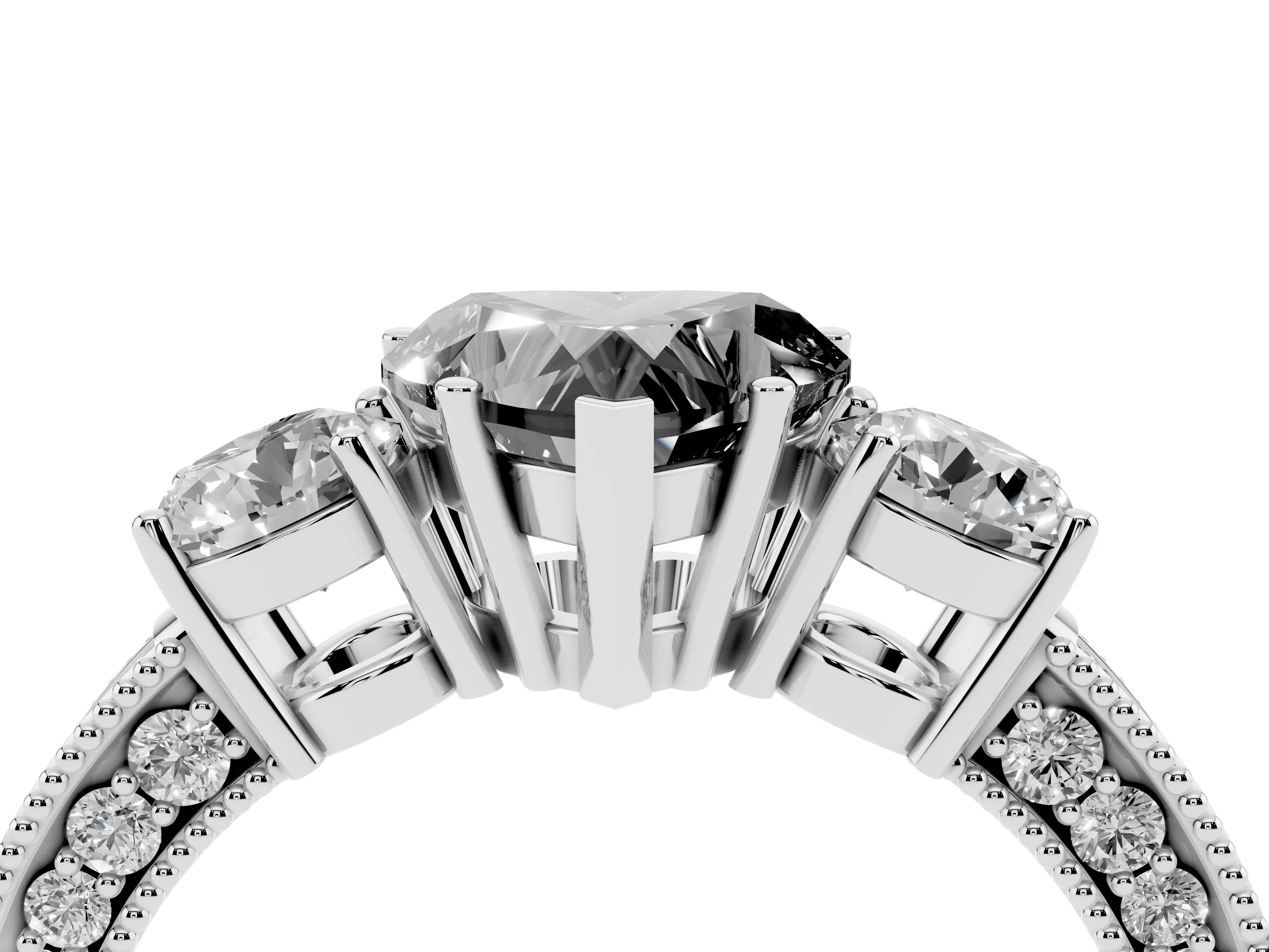 Fancy Black Heart Cut Diamond Three-Stone Ring Set in White gold with Round Side Stones and Pavé Band