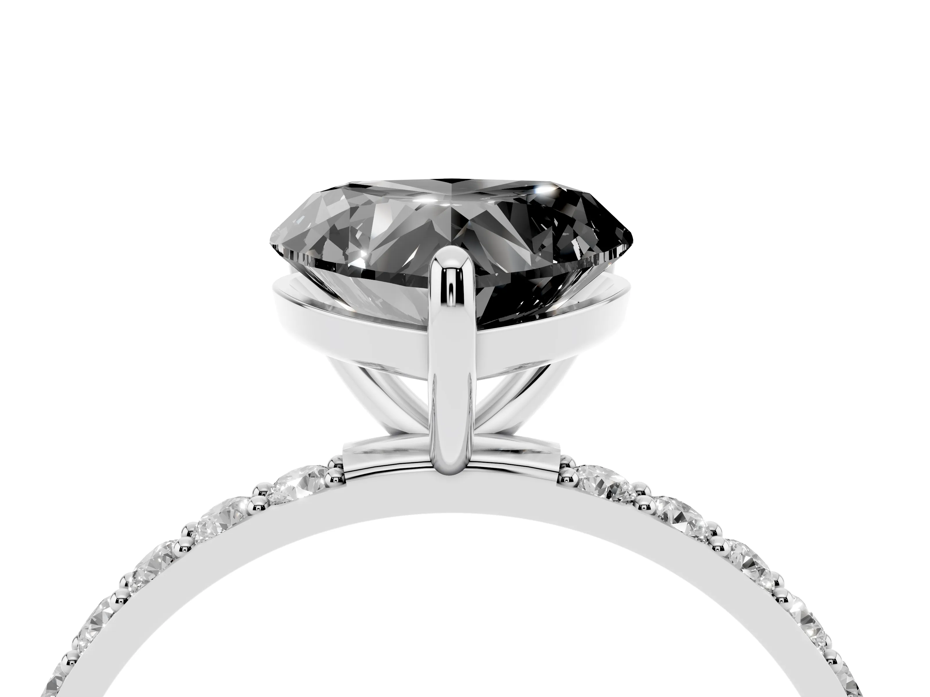 Fancy Black Heart Cut Diamond Solitaire Ring Set in Platinum with Round Pavé Band and Prong Setting