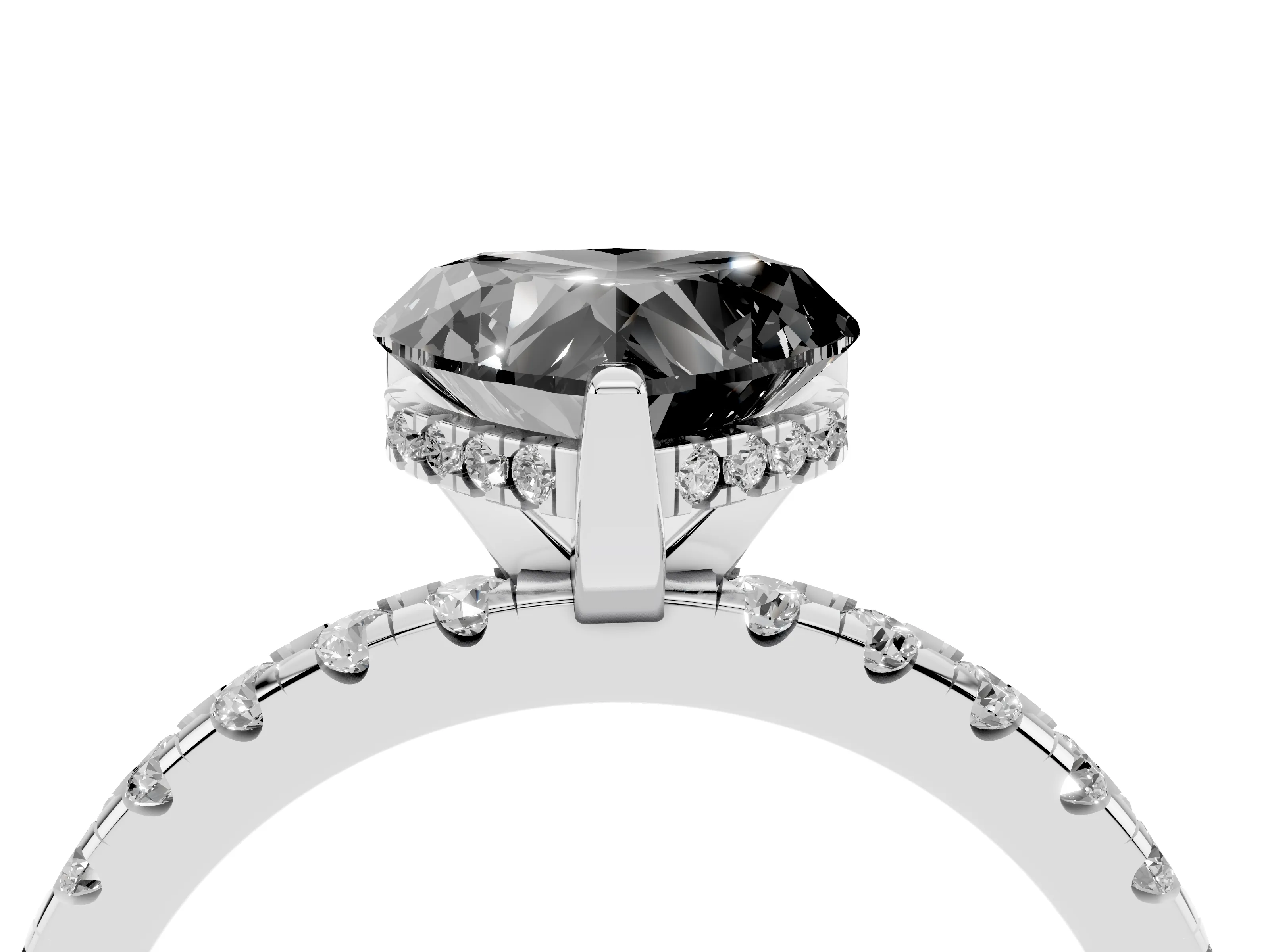 Fancy Black Heart Cut Diamond Pavé Solitaire Ring Set in White gold with Round Band Accents and Prong Setting
