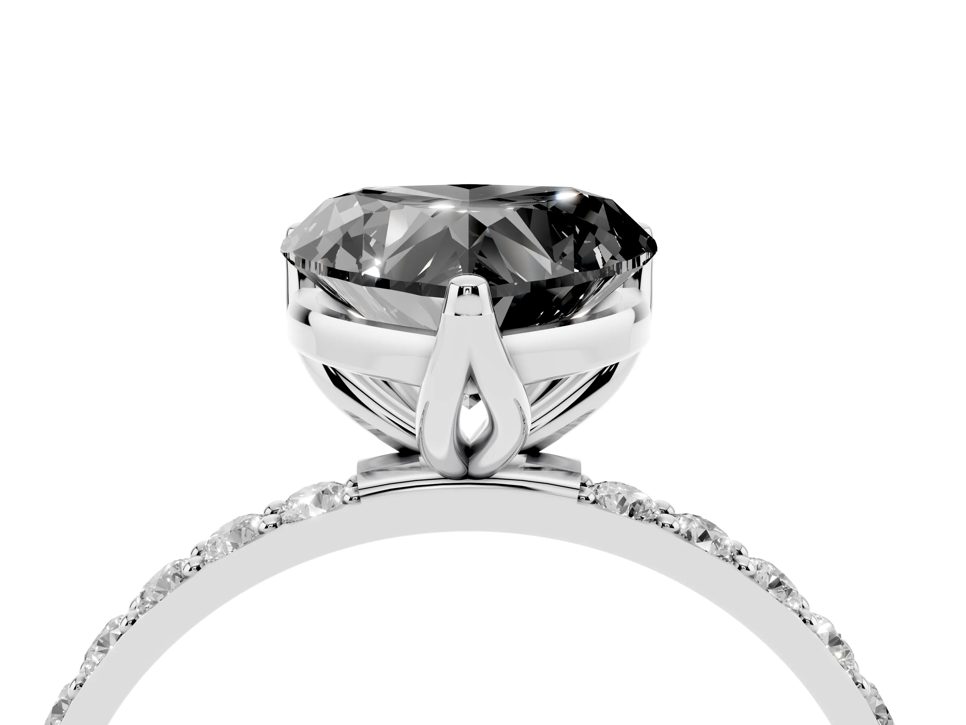 Fancy Black Heart Cut Diamond Solitaire Engagement Ring Set in White gold with Round Pavé Band and Prong Setting