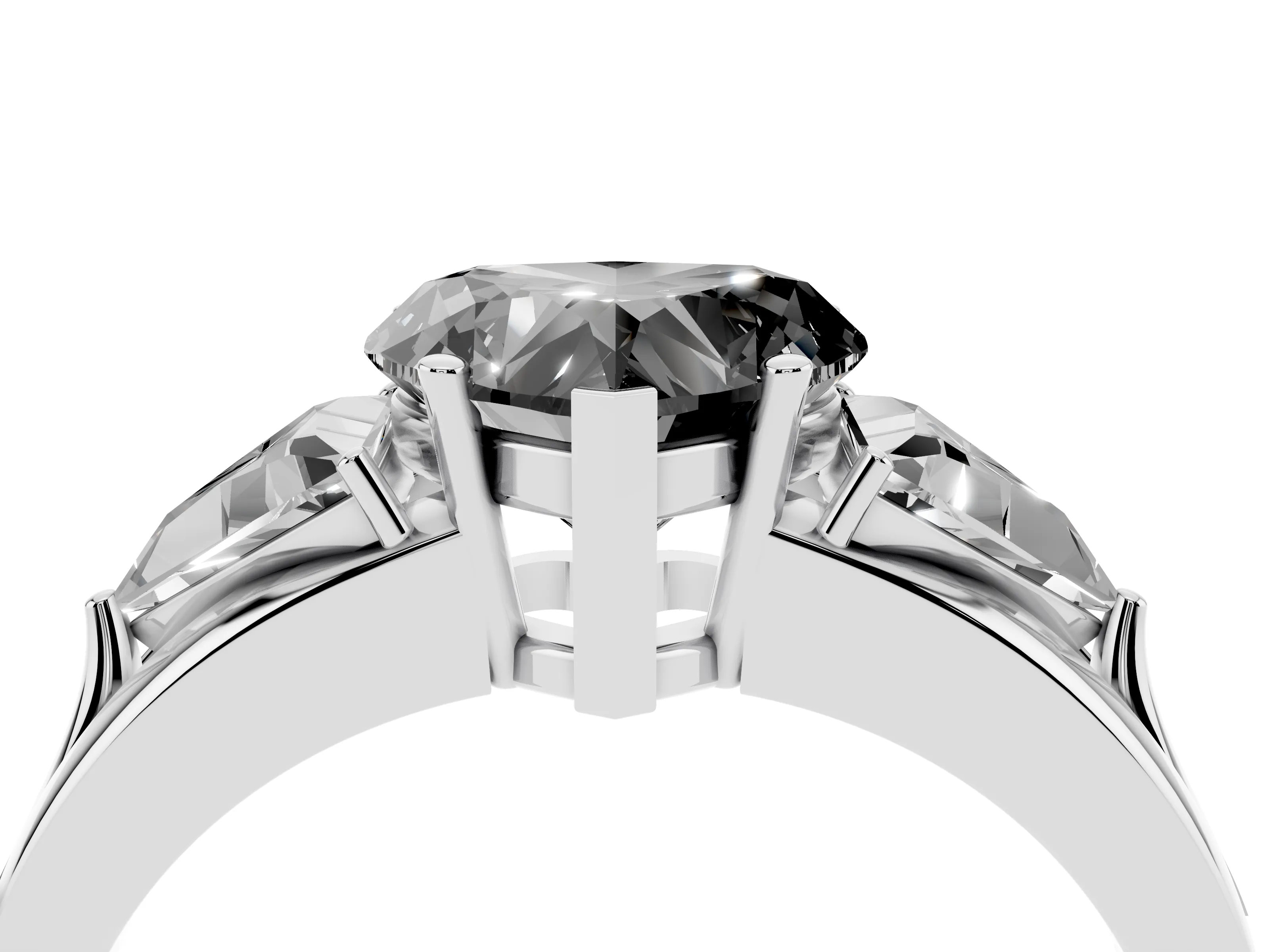 Fancy Black Heart Cut Diamond Three-Stone Ring Set in Platinum with Trillion Side Stones and Split Shank