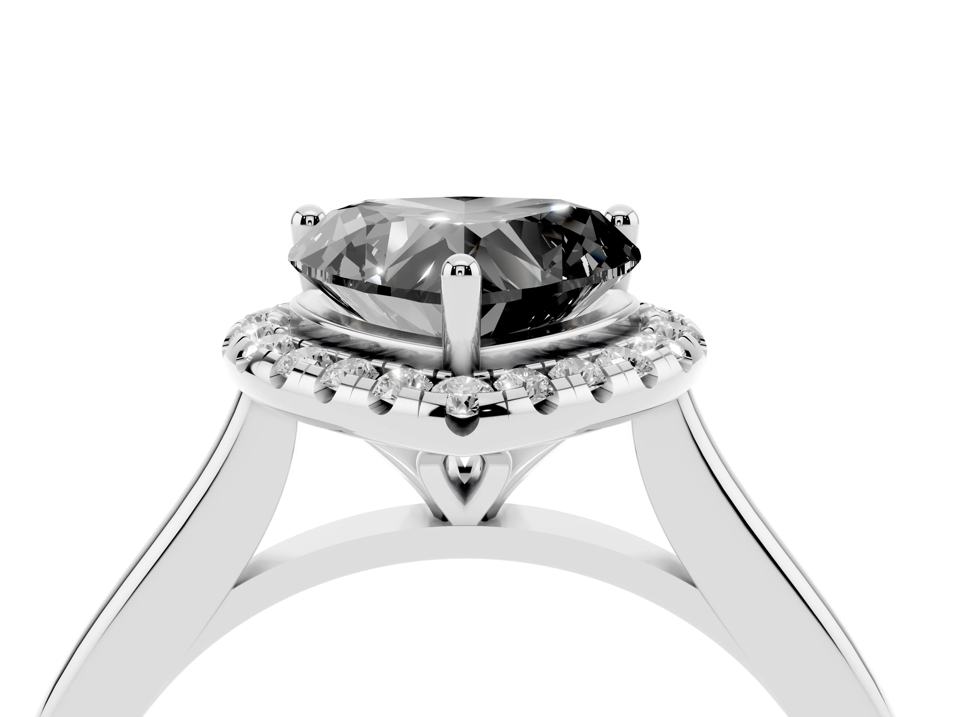 Fancy Black Heart Cut Diamond Halo Engagement Ring Set in White gold with Pavé Band and Rising Shoulders