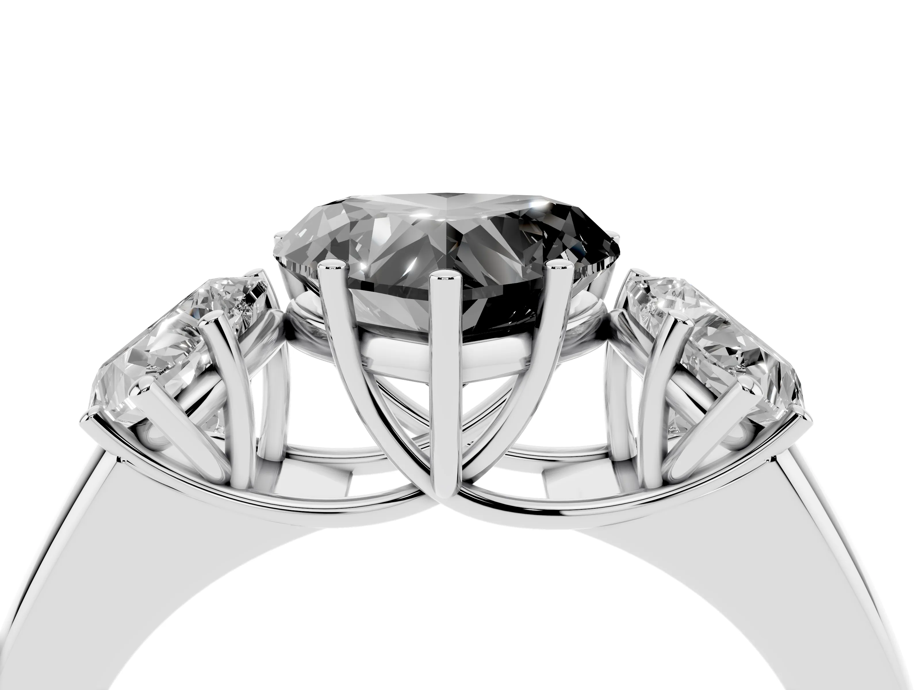Fancy Black Three-Stone Heart Cut Diamond Ring Set in Silver with Matching Prong Settings and Plain Band