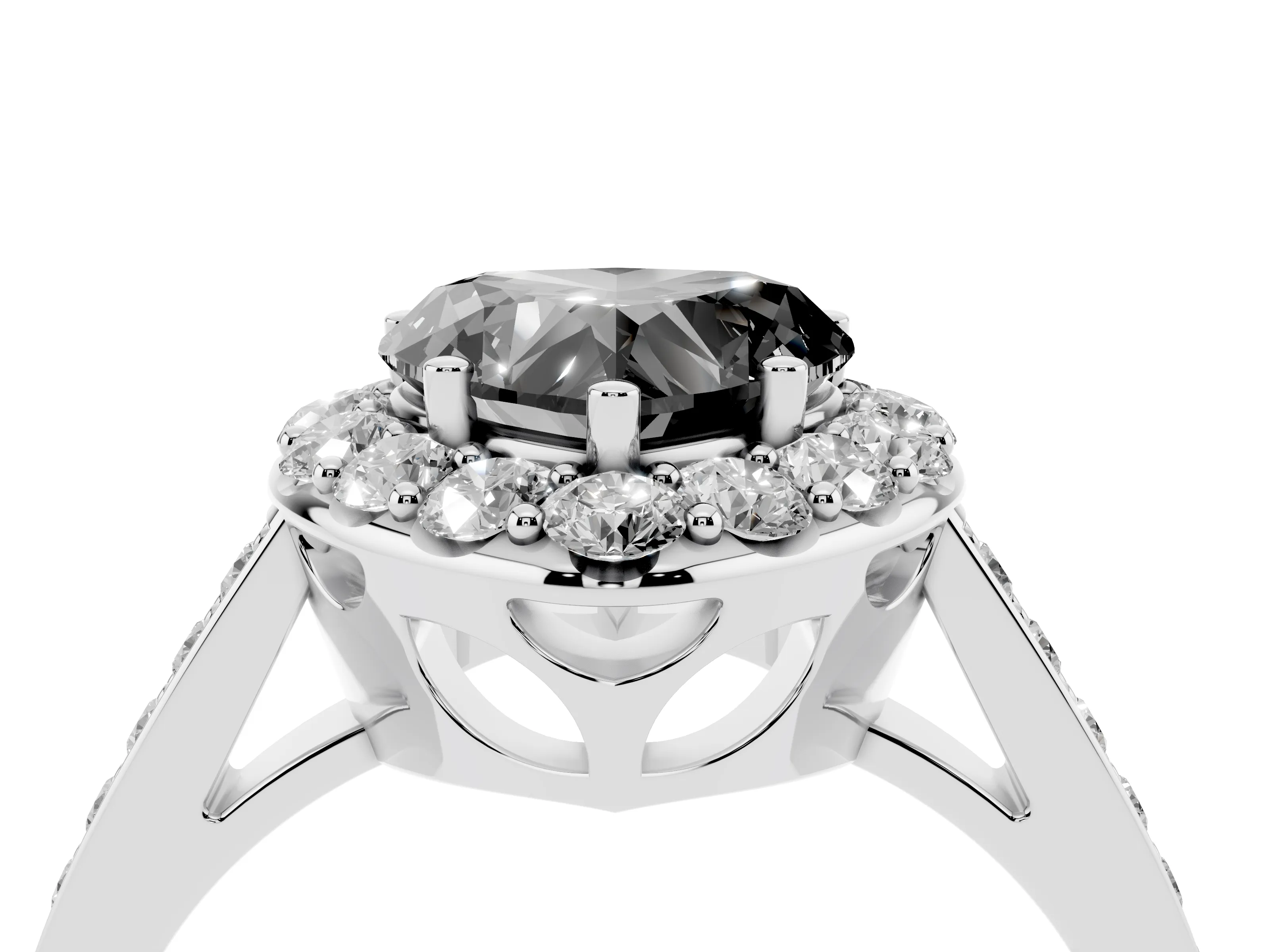 Fancy Black Heart Cut Diamond Floral Halo Ring Set in Platinum with Pavé Band and Prong Setting