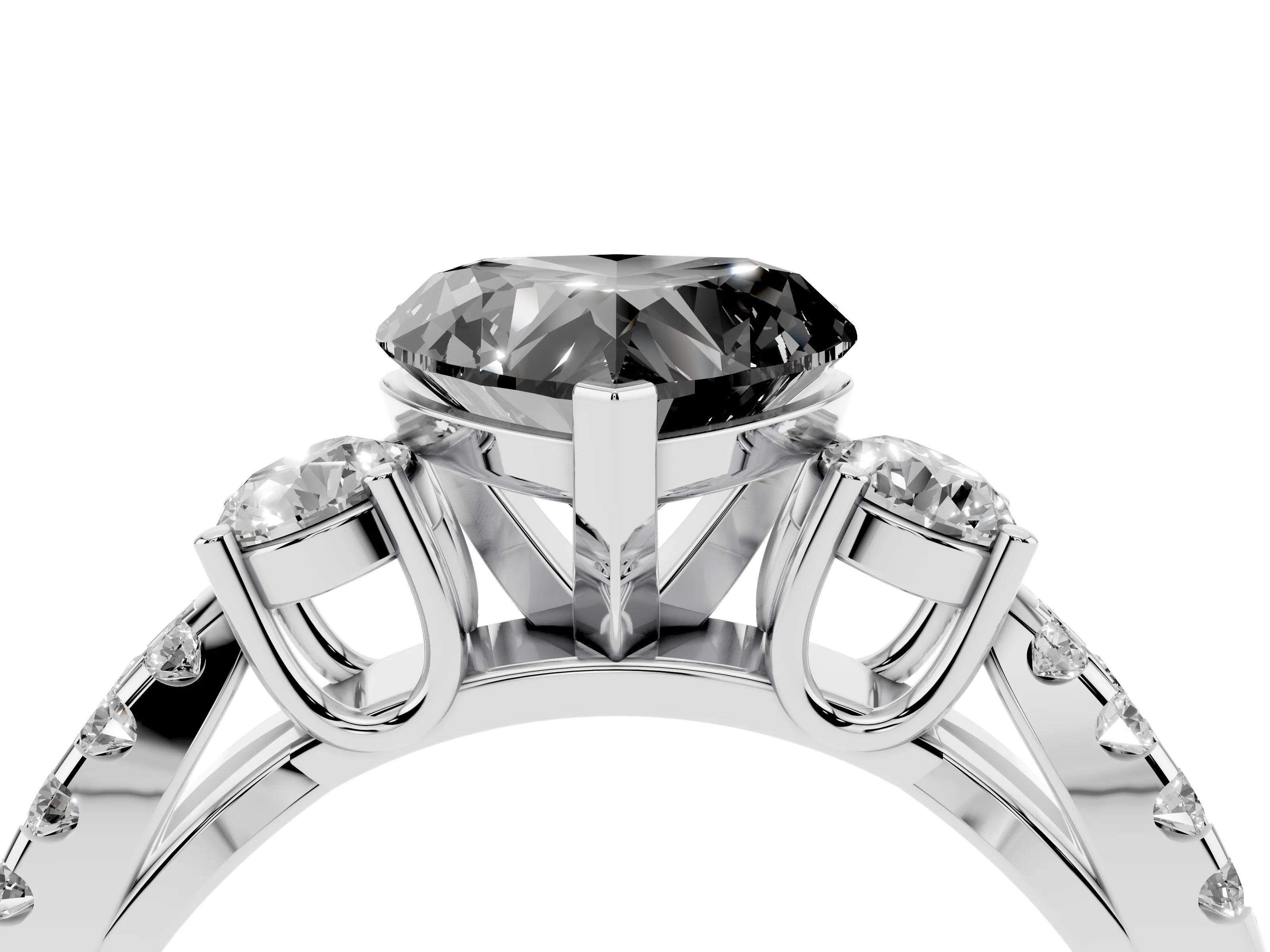 Fancy Black Heart Cut Diamond Three-Stone Ring Set in White gold with Pavé Split Shank and Prong Setting