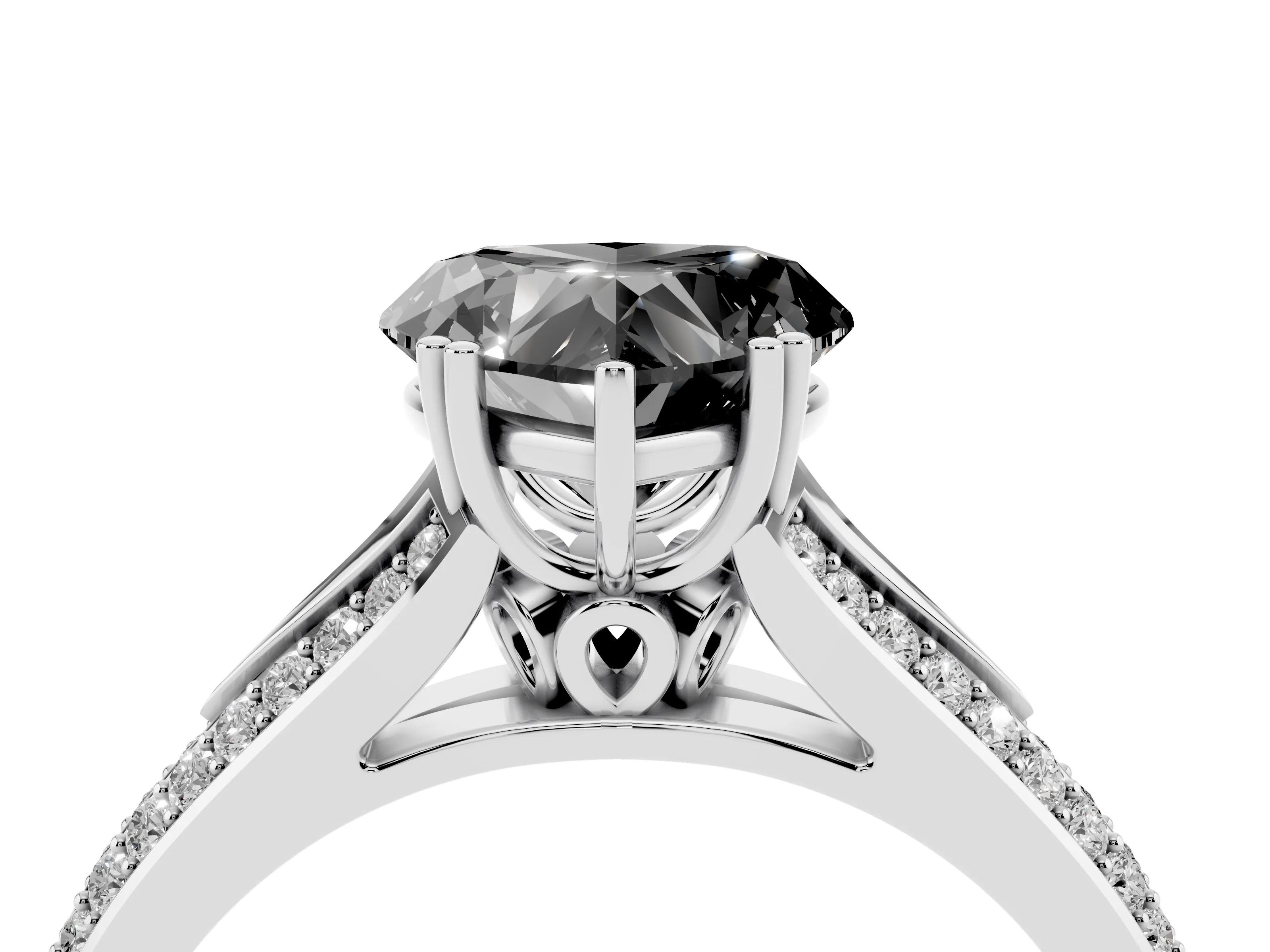 Fancy Black Heart Cut Diamond Split Shank Pavé Engagement Ring Set in White gold with Prong-Set Center Stone