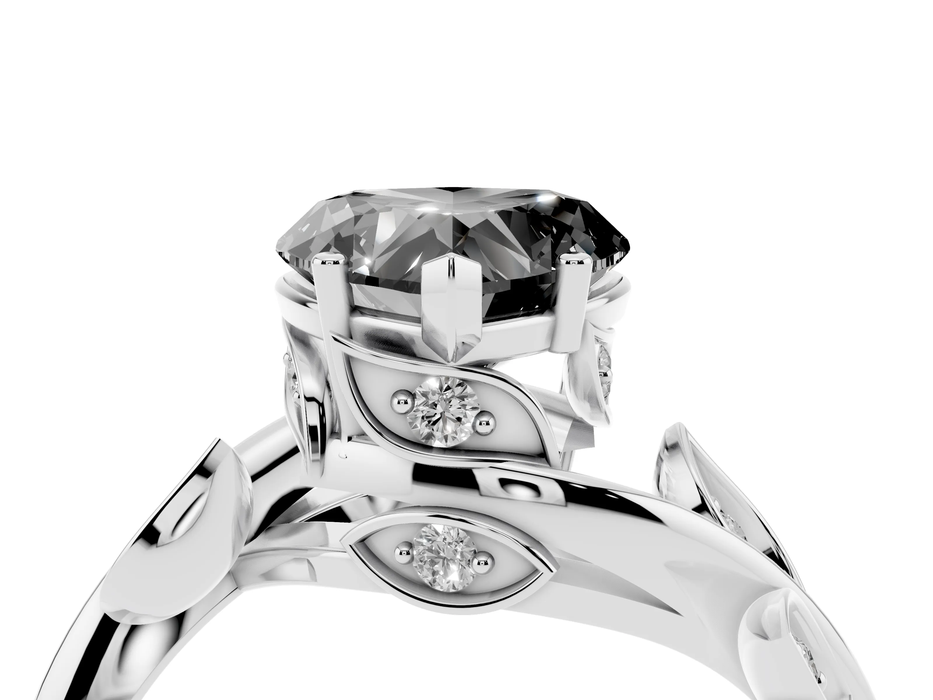 Fancy Black Heart Cut Diamond Solitaire Twist Engagement Ring Set in Platinum with Pavé Leaf Accents