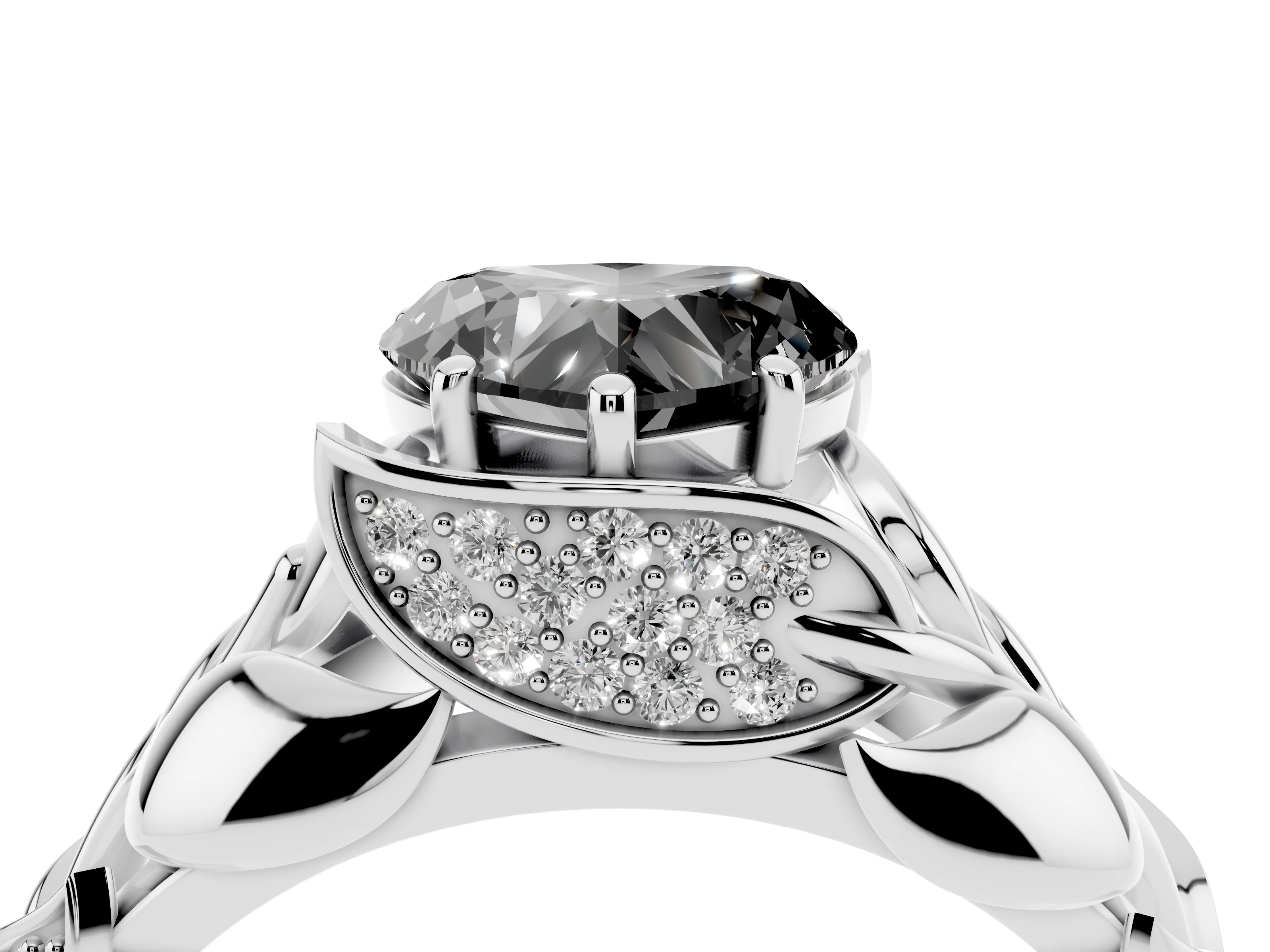 Fancy Black Heart Cut Diamond Leaf-Inspired Engagement Ring Set in Silver with Round Accents