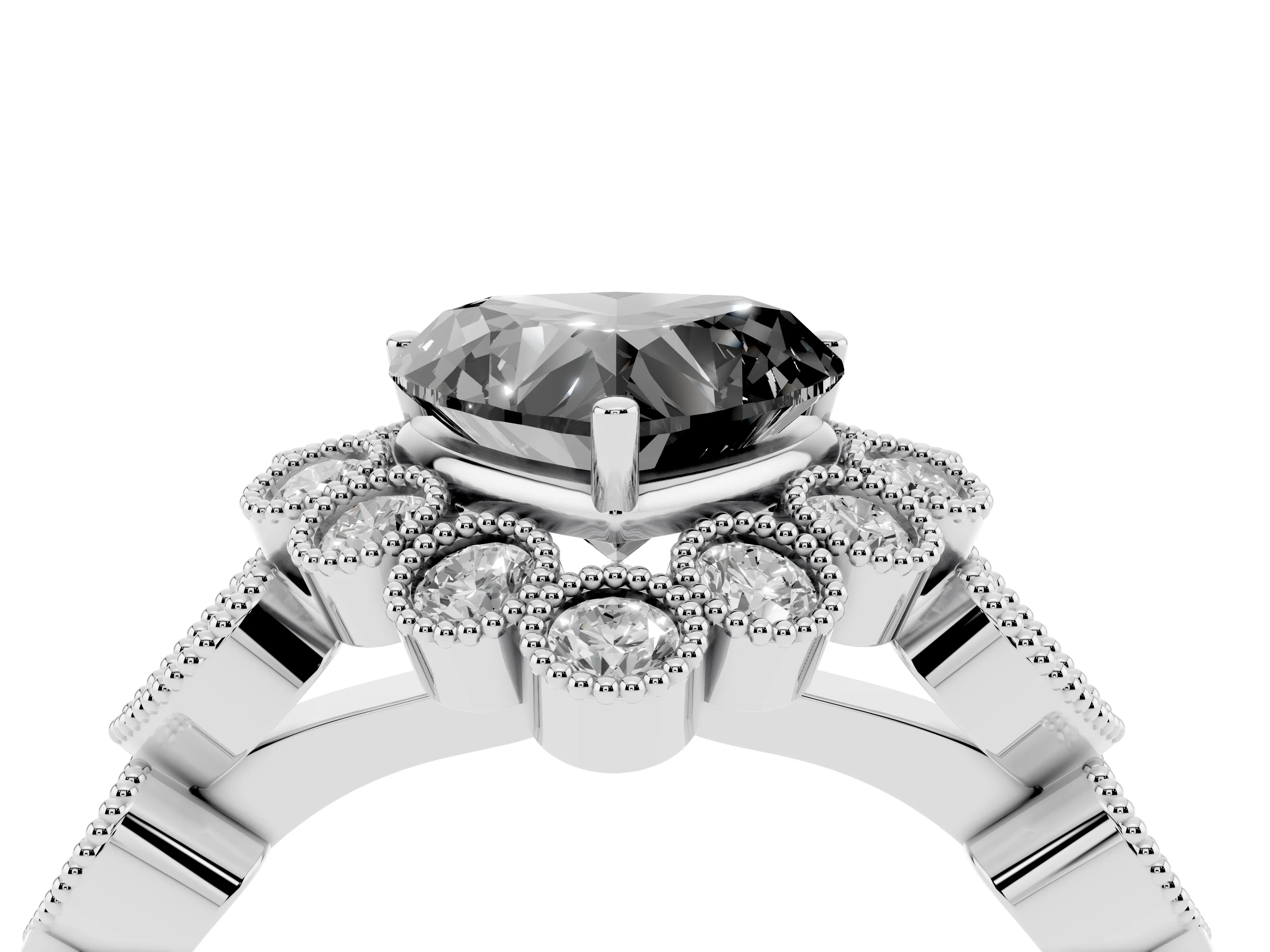 Fancy Black Heart Cut Diamond Solitaire Ring Set in Silver with Milgrain Pavé Heart Band