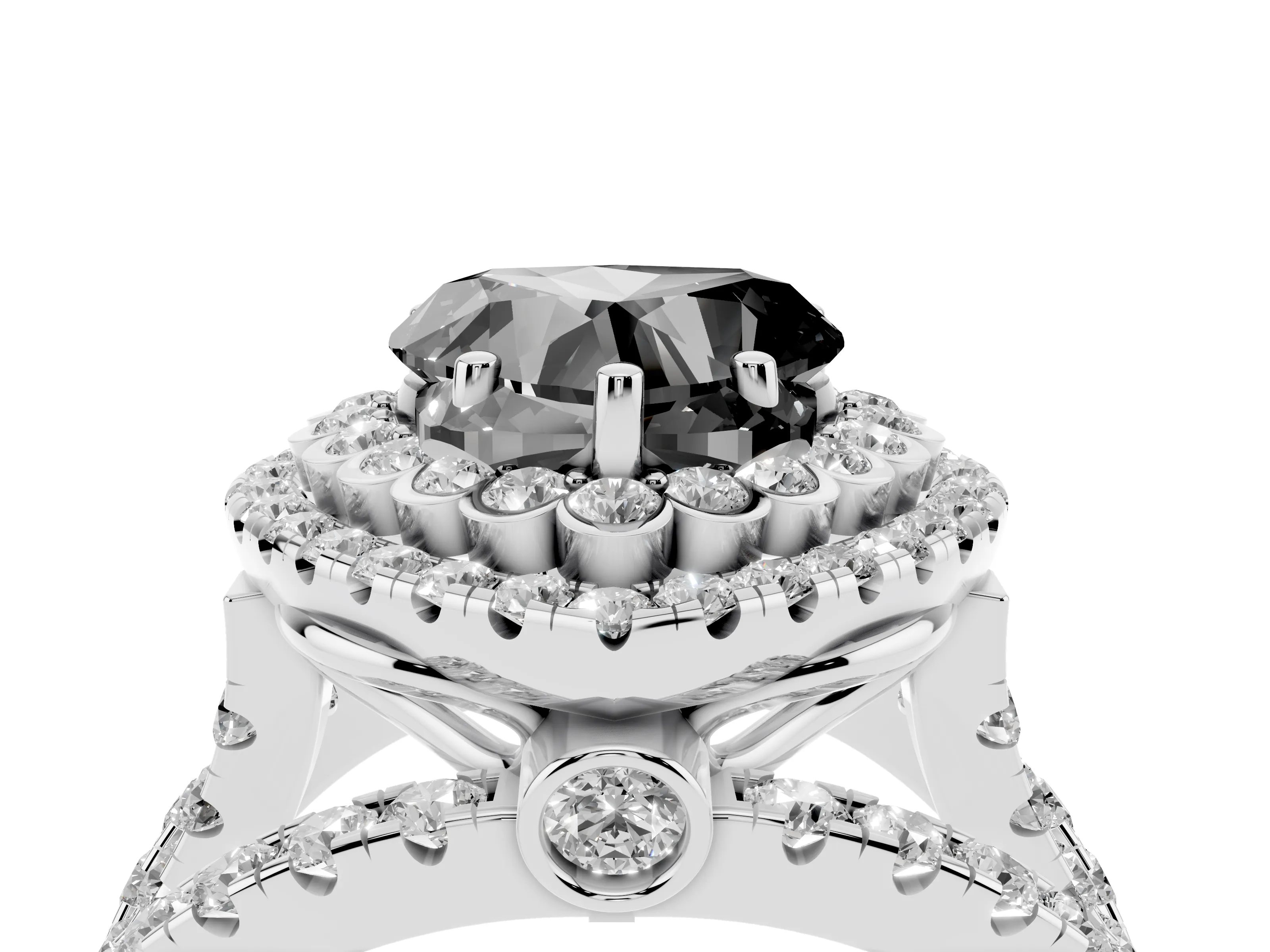 Fancy Black Heart Cut Diamond Double Halo Ring Set in White gold with Round Pavé Split Shank