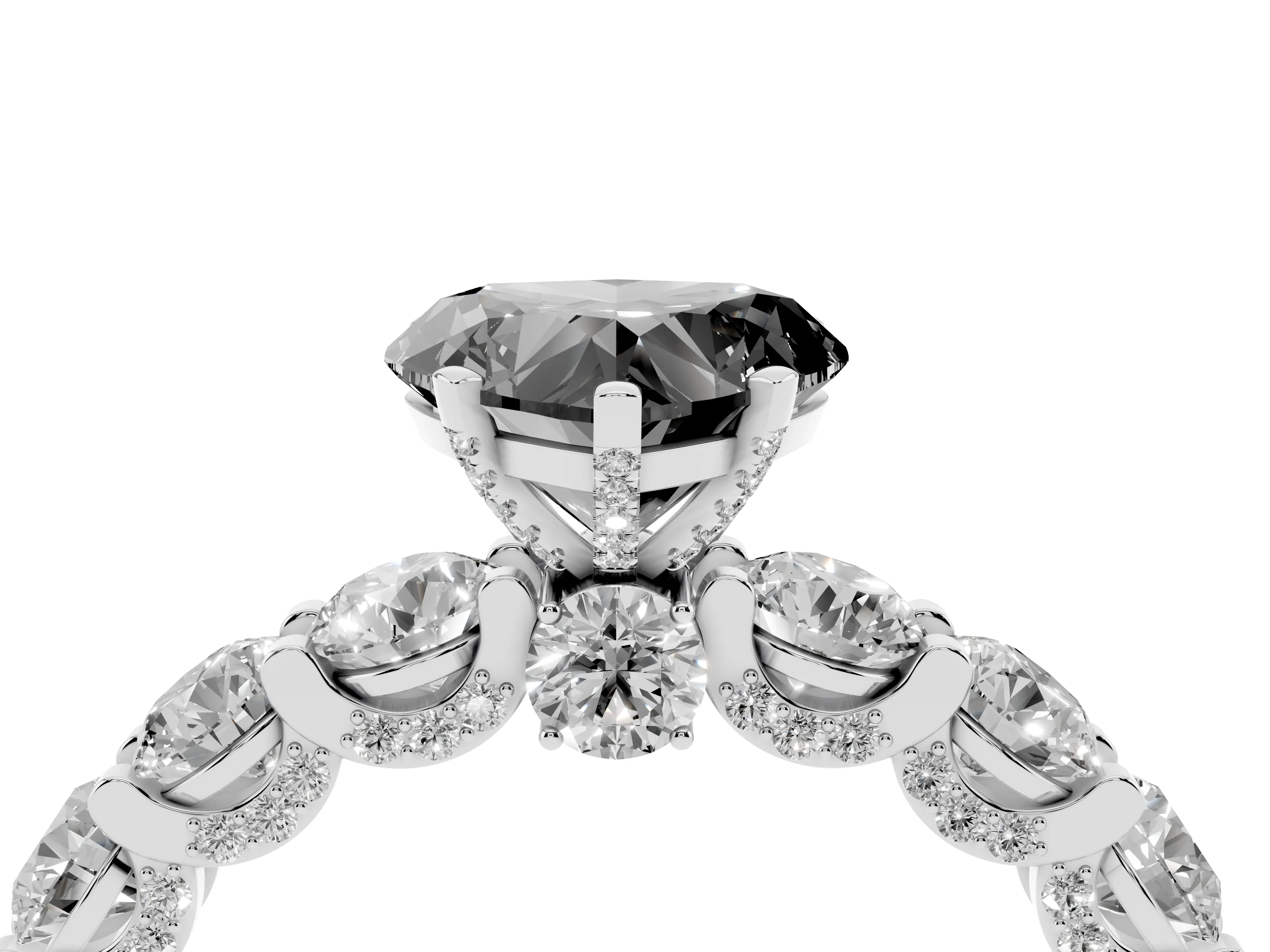 Fancy Black Heart Cut Diamond Side Stone Ring Set in Silver with Alternating Round and Oval Side Stones