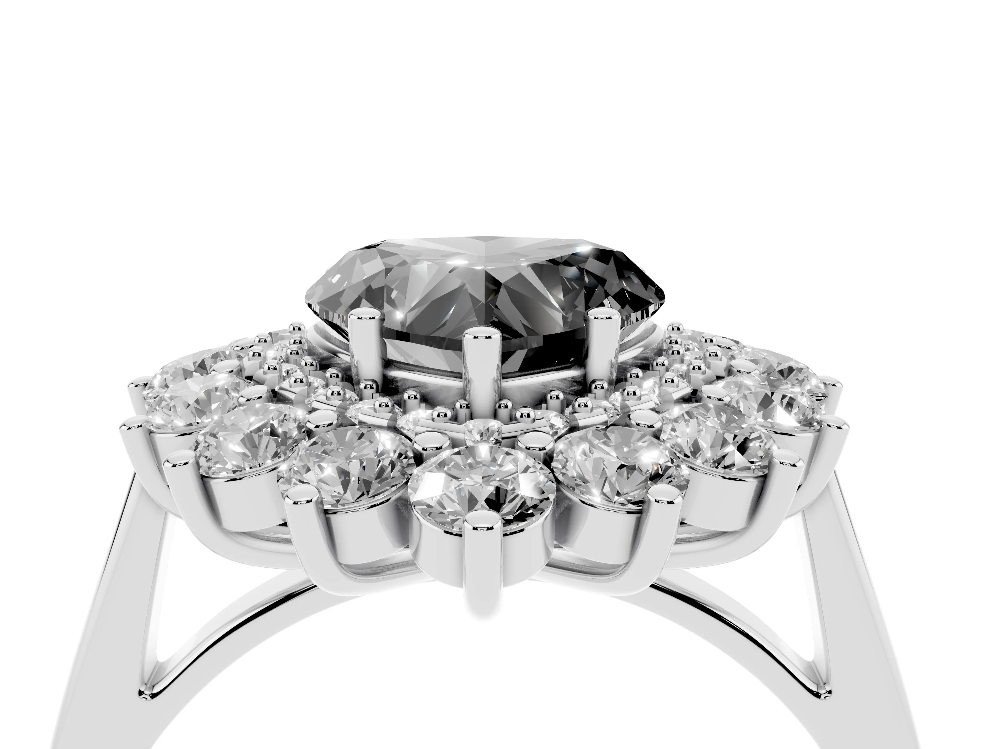 Fancy Black Heart Cut Diamond Floral Double Halo Ring Set in Silver with Round Petals