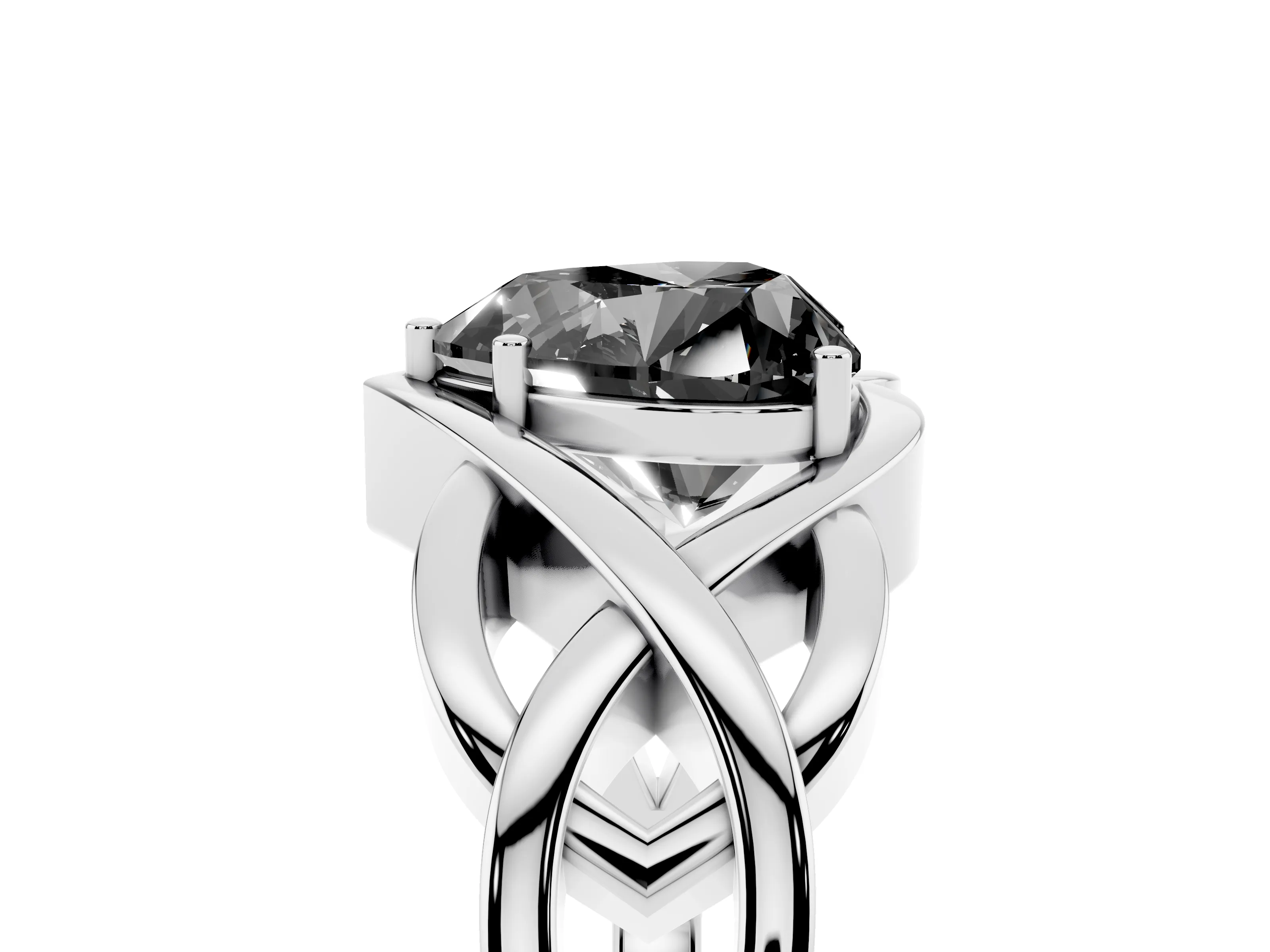 Fancy Black Heart Cut Diamond Solitaire Ring Set in Silver with Intertwined Band