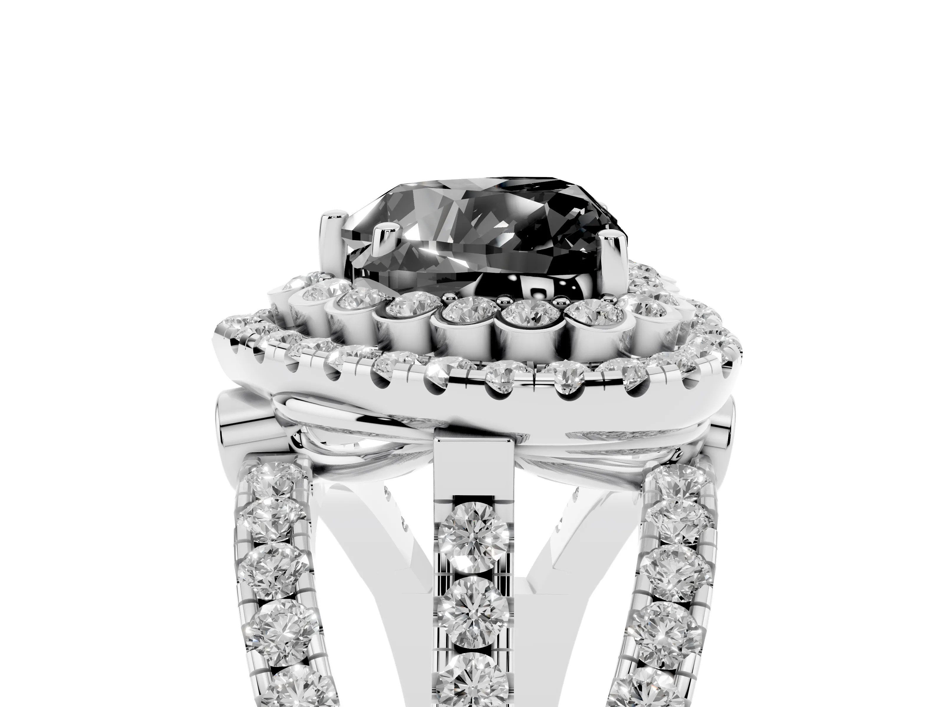 Fancy Black Heart Cut Diamond Double Halo Ring Set in White gold with Round Pavé Split Shank