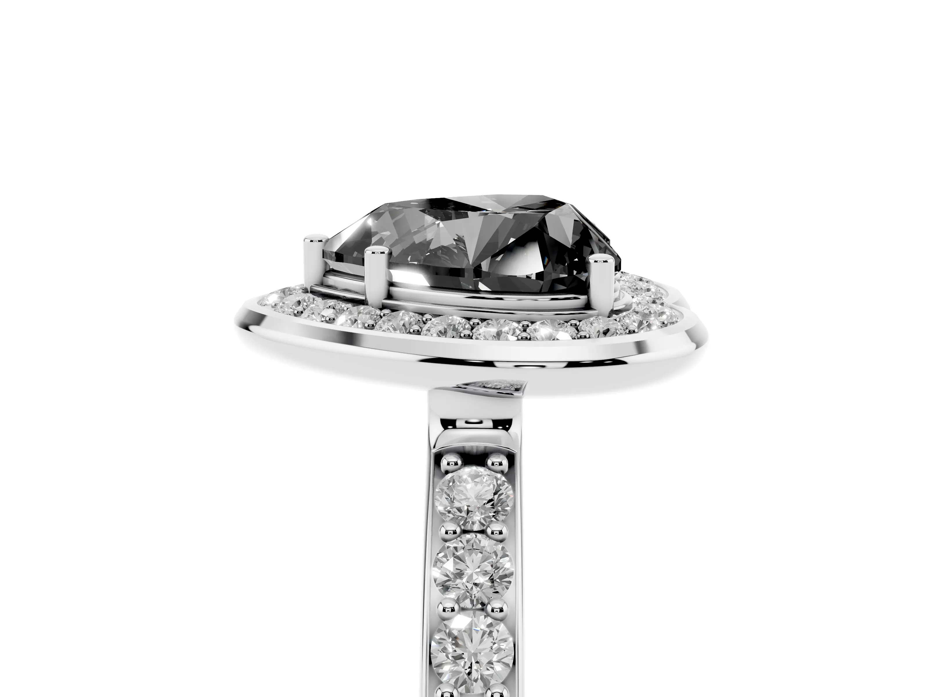 Fancy Black Heart Cut Diamond Halo Ring Set in Silver with Bezel Frame and Pavé Band