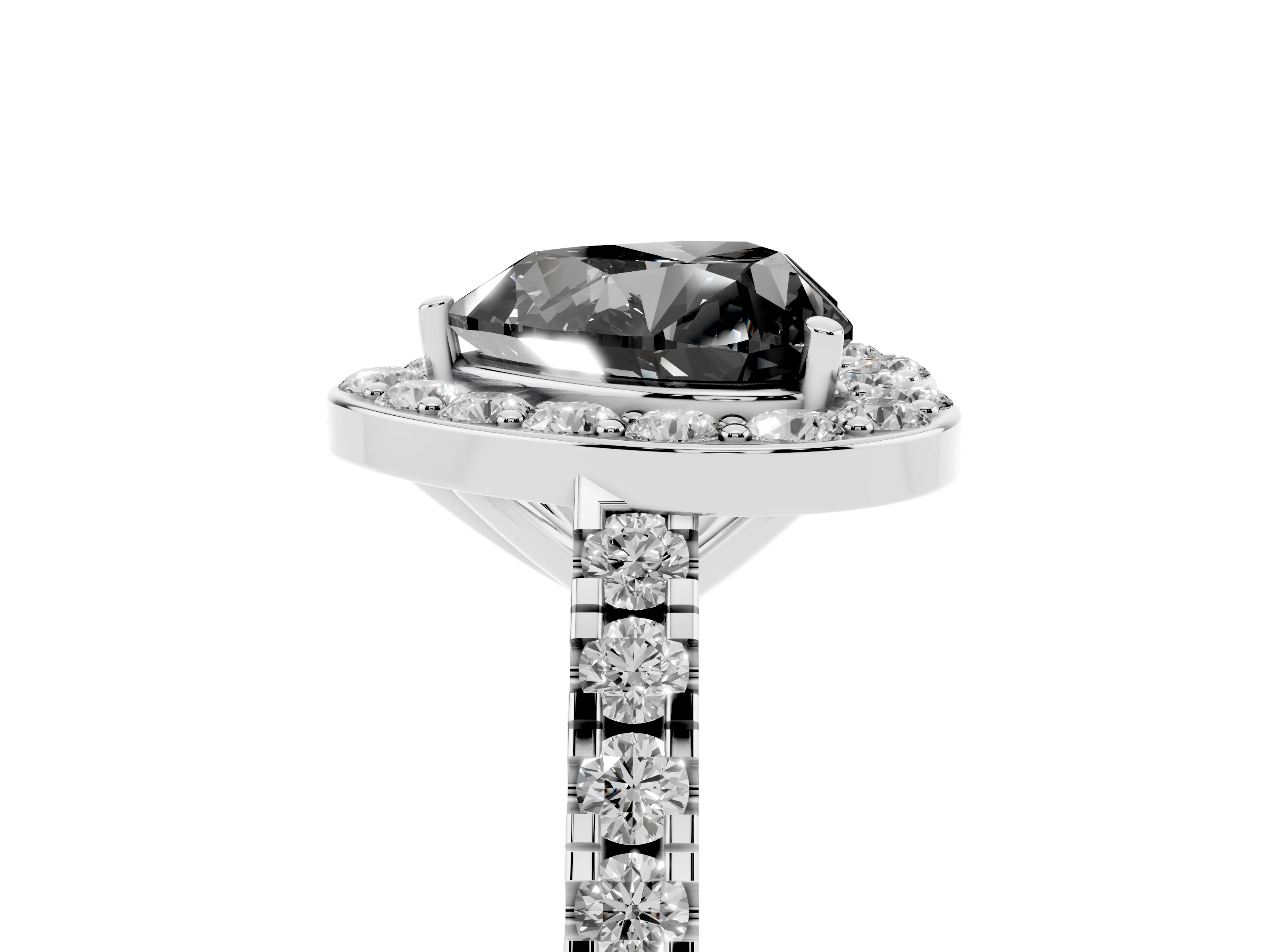 Fancy Black Heart Cut Diamond Halo Ring Set in Platinum with Round Pavé Split Shank and Prong Setting