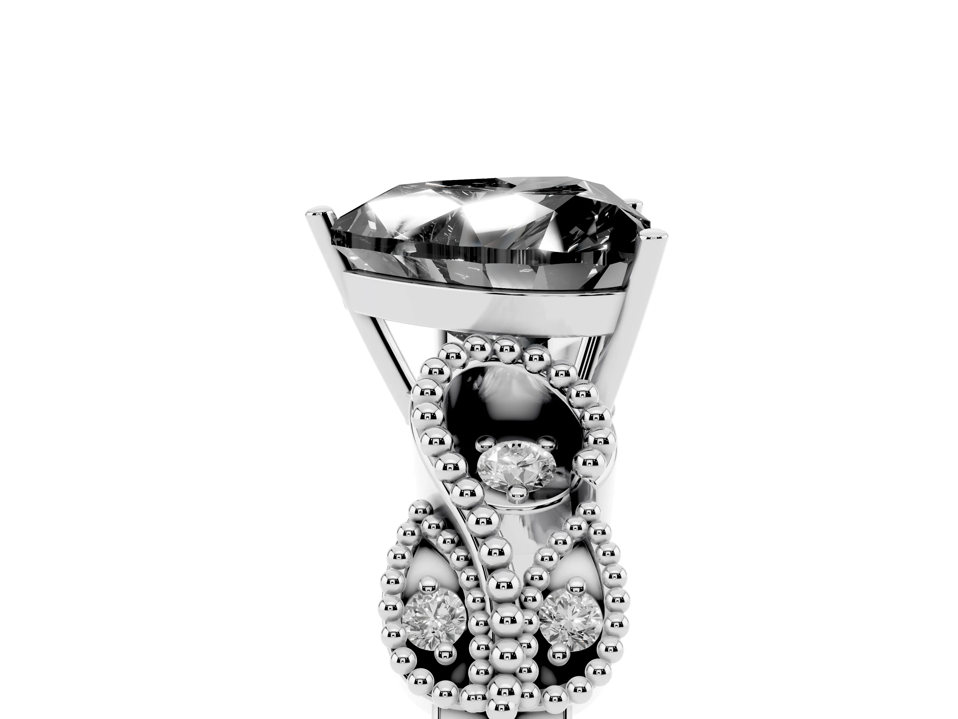 Fancy Black Heart Cut Diamond Milgrain Leaf Band Solitaire Ring Set in Silver with Accent Stones and Prong Setting