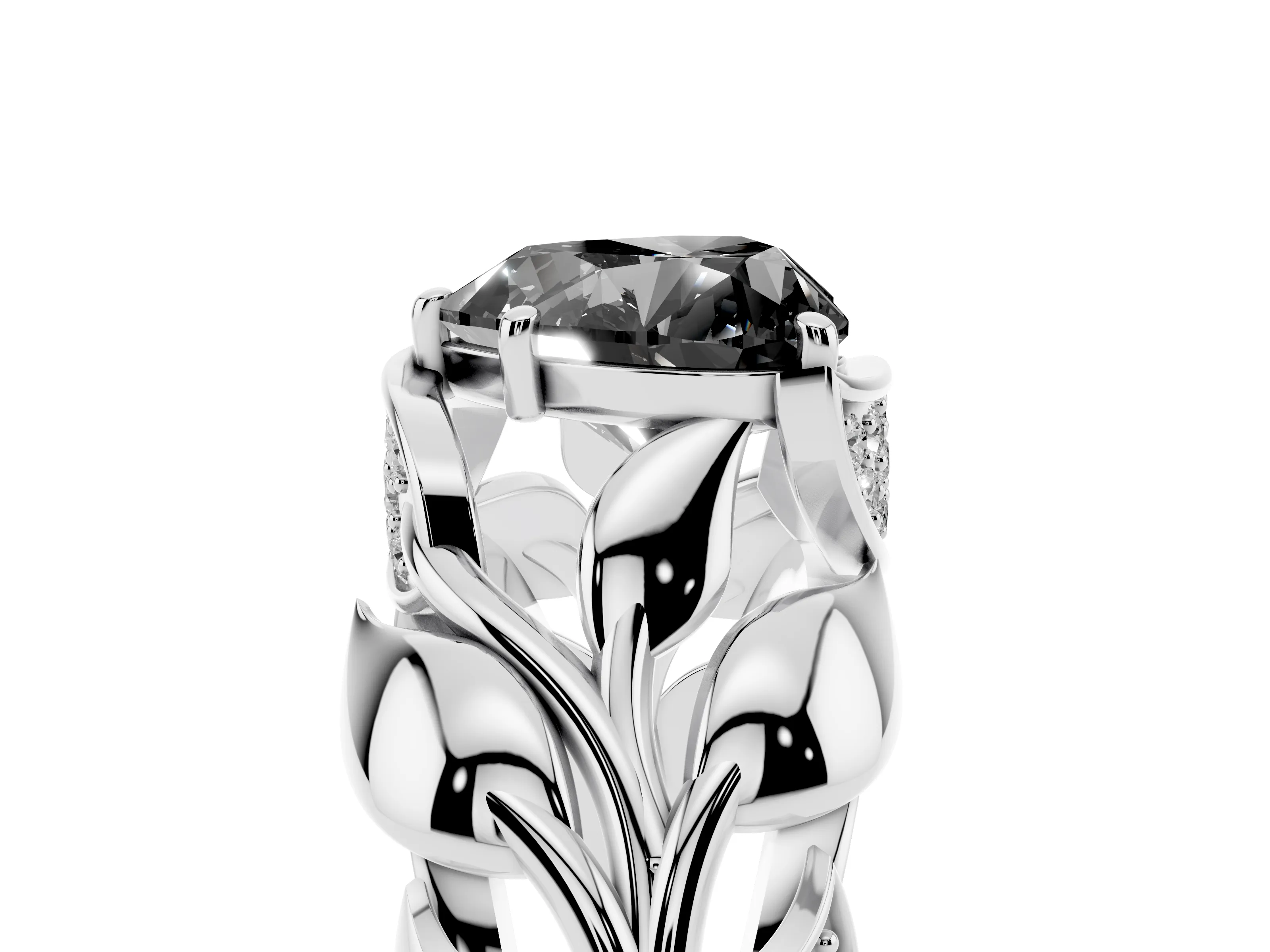 Fancy Black Heart Cut Diamond Leaf-Inspired Engagement Ring Set in Silver with Round Accents