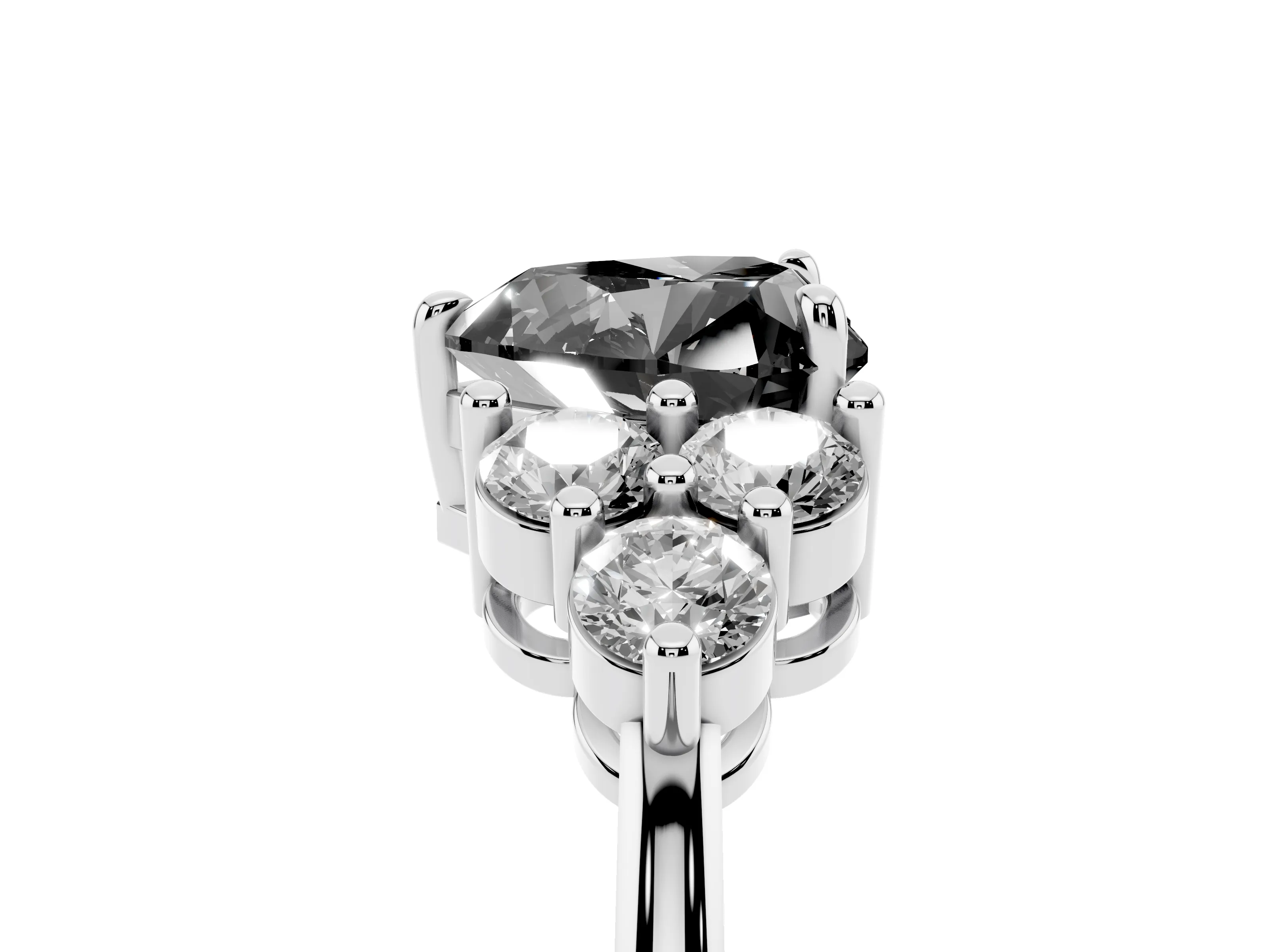 Fancy Black Heart Cut Diamond Solitaire Ring Set in Silver with Cluster Accents on Each Side