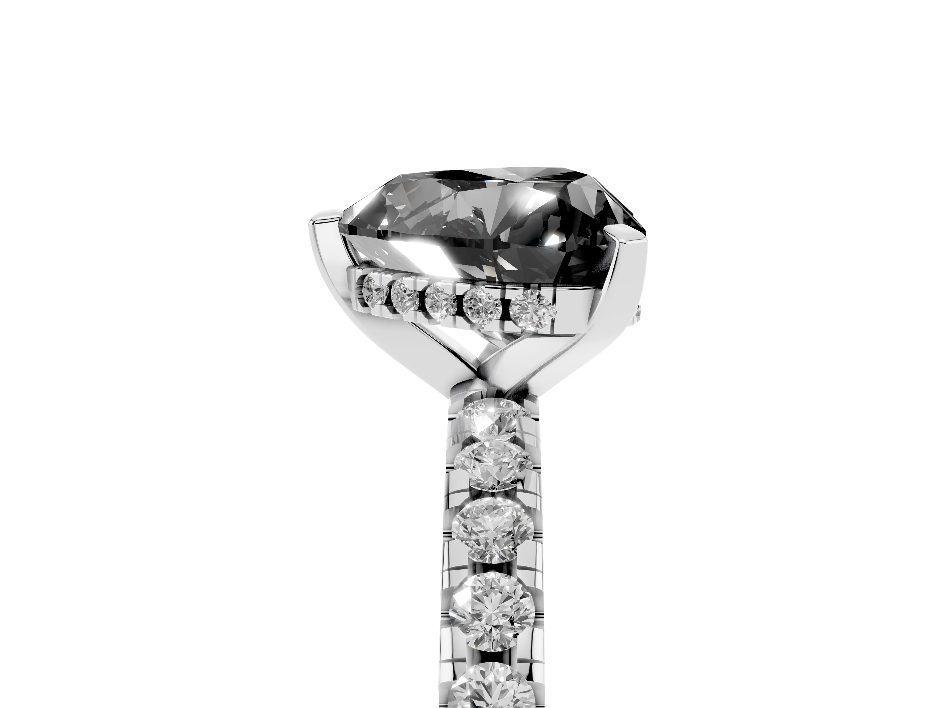 Fancy Black Heart Cut Diamond Pavé Solitaire Ring Set in White gold with Round Band Accents and Prong Setting