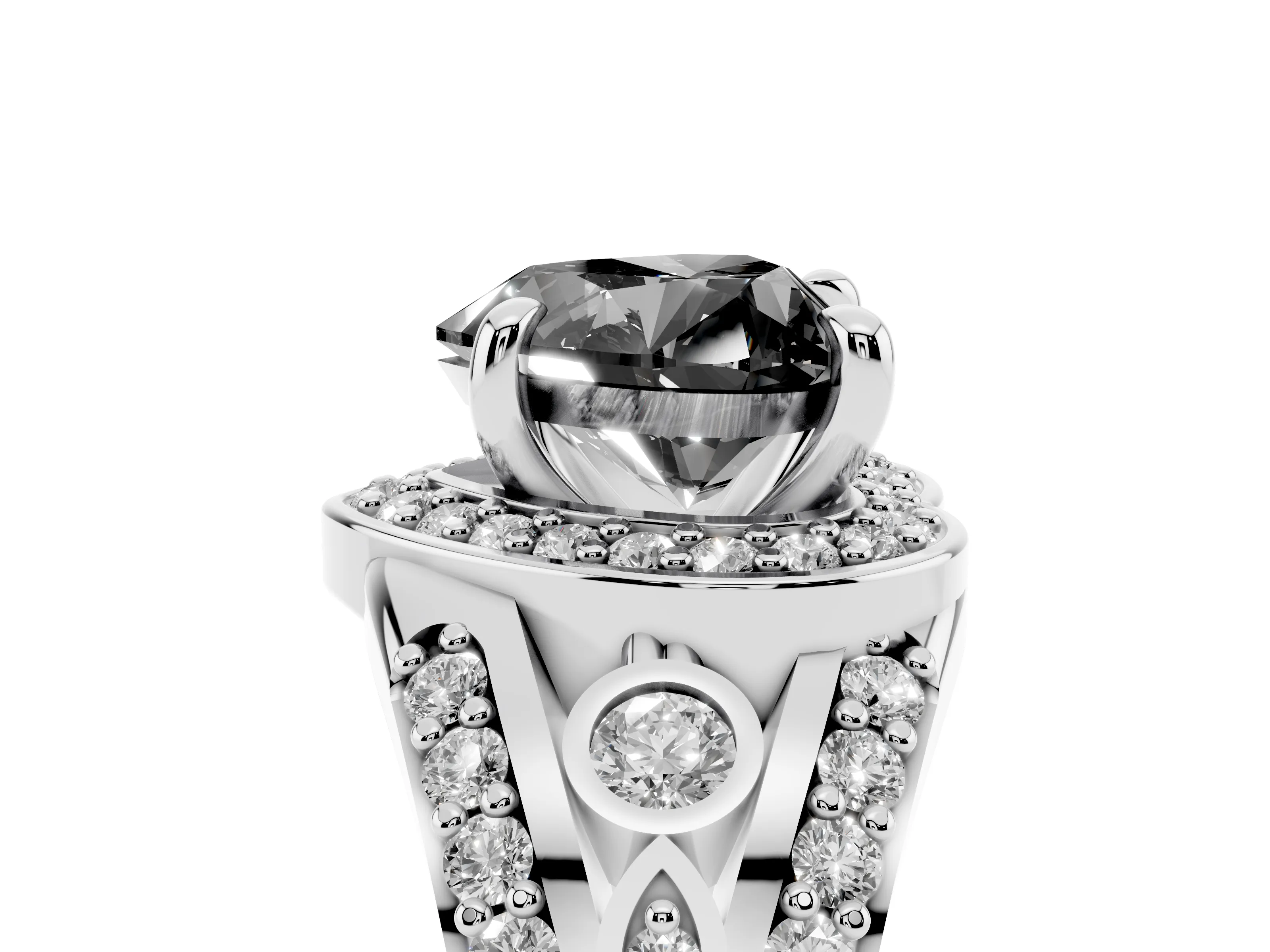 Fancy Black Heart Cut Diamond Halo Ring Set in White gold with Pavé Split Shank and Bezel Accents