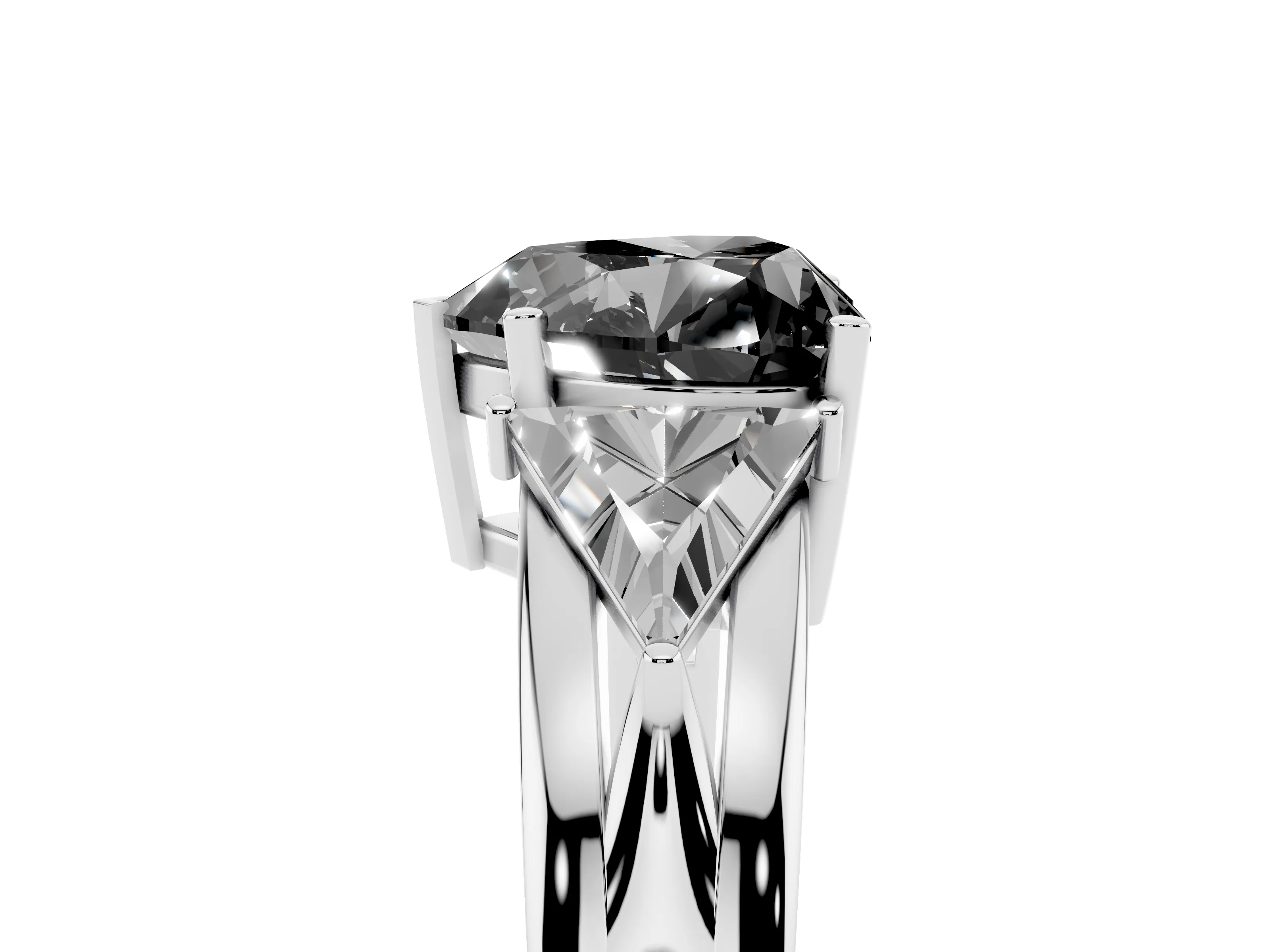 Fancy Black Heart Cut Diamond Three-Stone Ring Set in Platinum with Trillion Side Stones and Split Shank