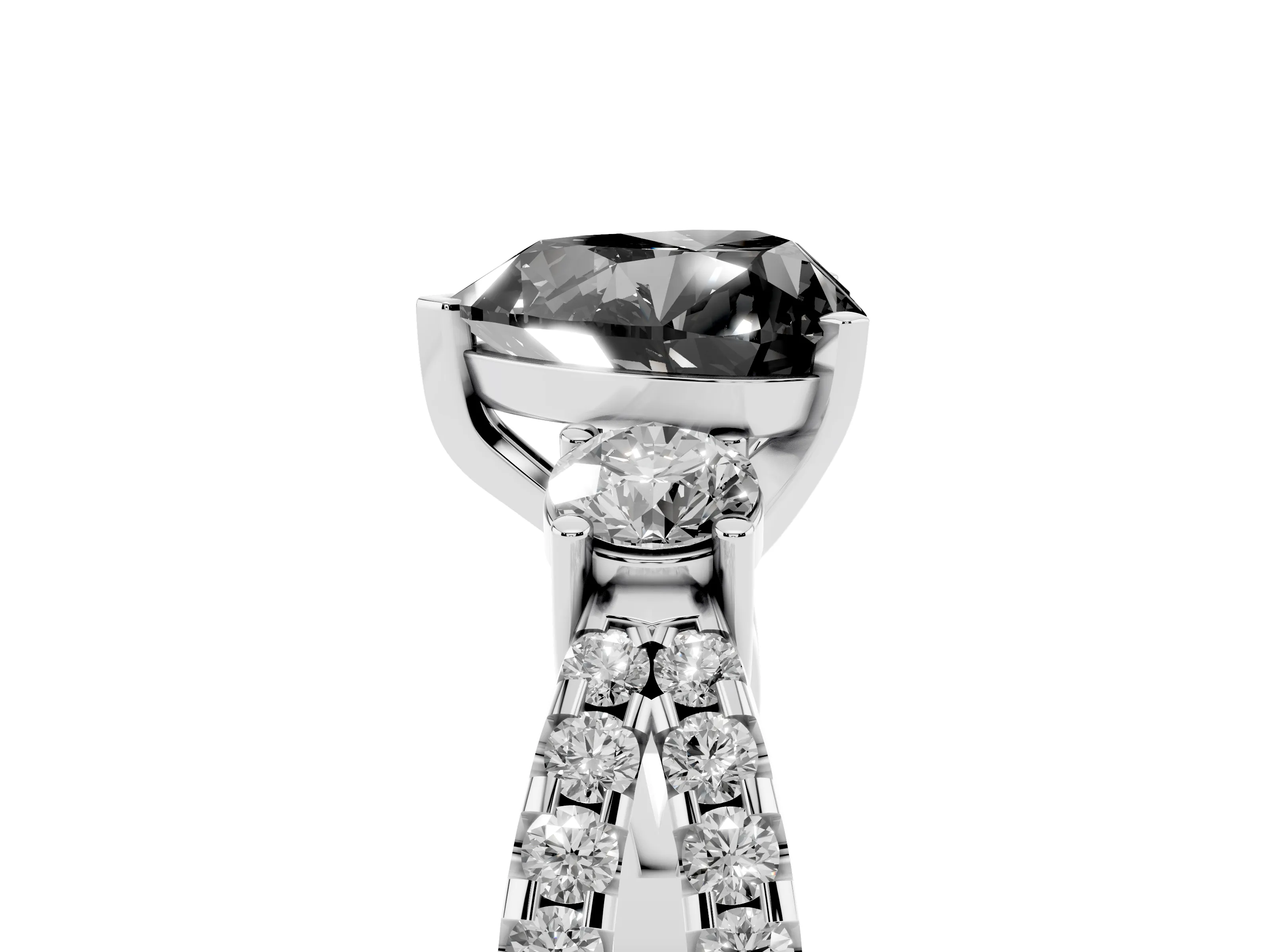 Fancy Black Heart Cut Diamond Three-Stone Ring Set in White gold with Pavé Split Shank and Prong Setting