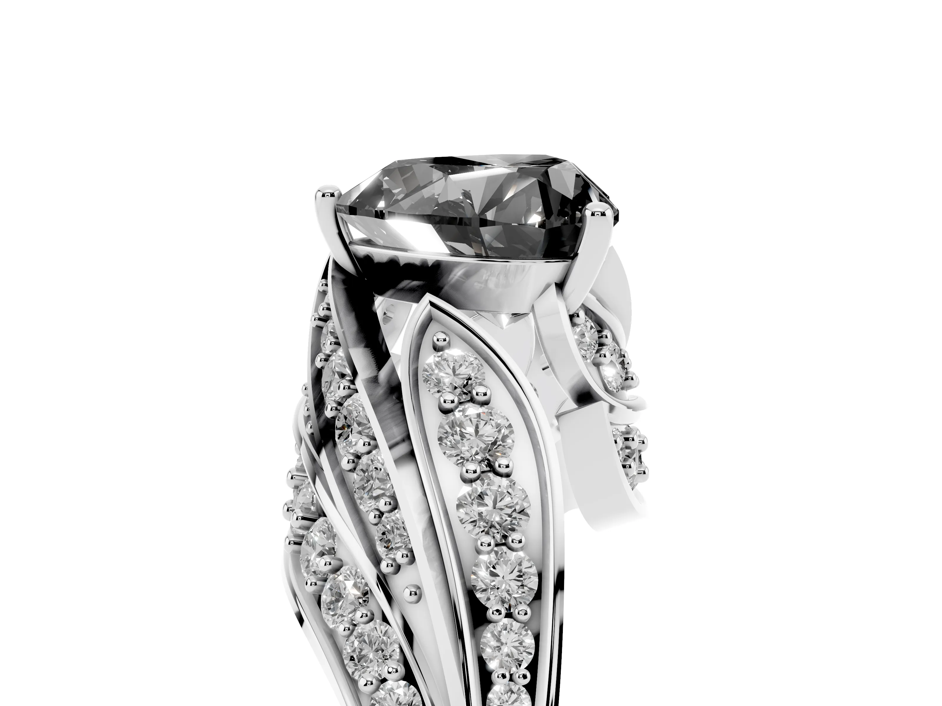 Fancy Black Heart Cut Diamond Solitaire Ring Set in Silver with Layered Twist Pavé Band