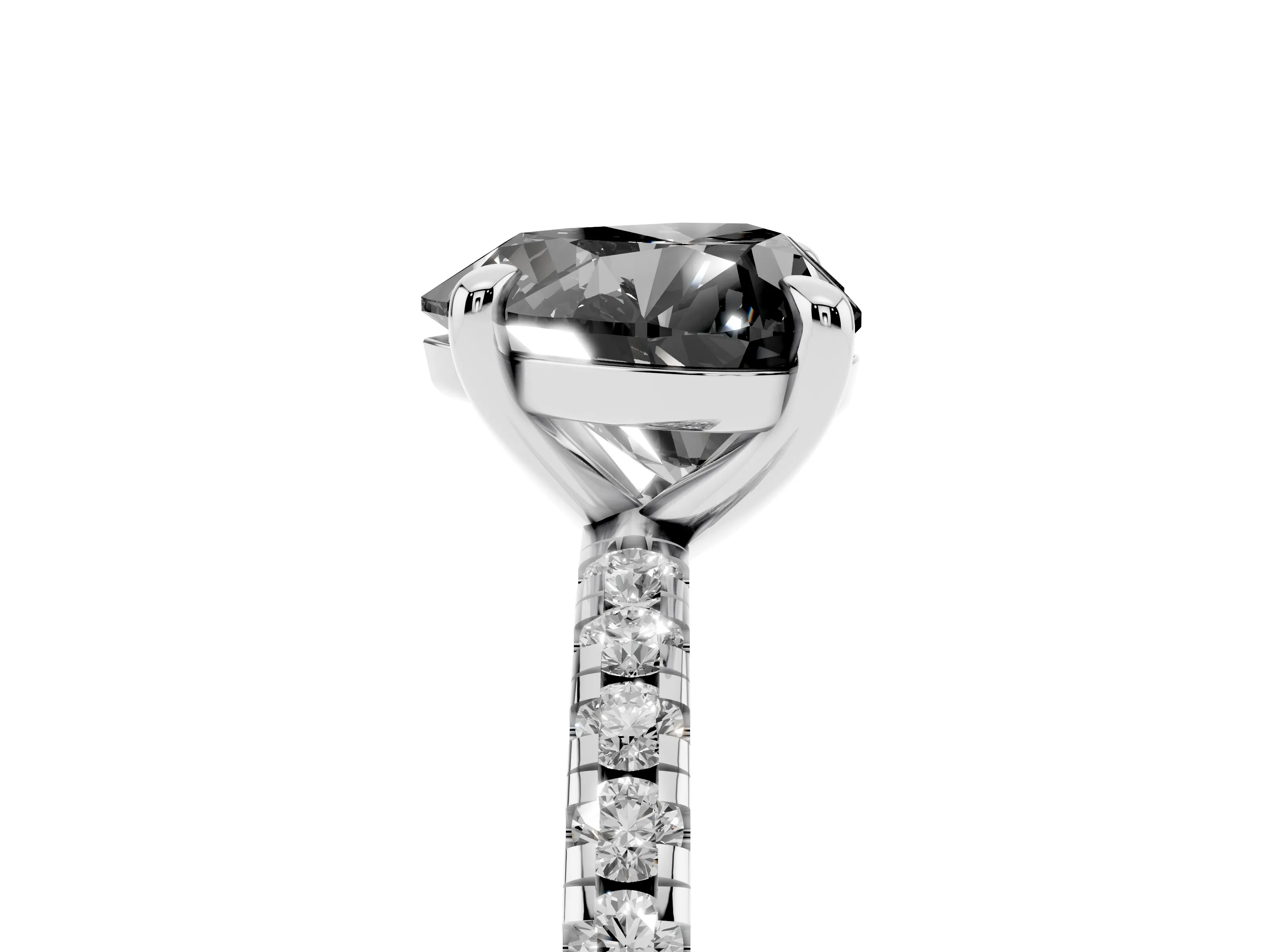 Fancy Black Heart Cut Diamond Brilliant Solitaire Ring Set in White gold with Pavé Band and Prong Setting