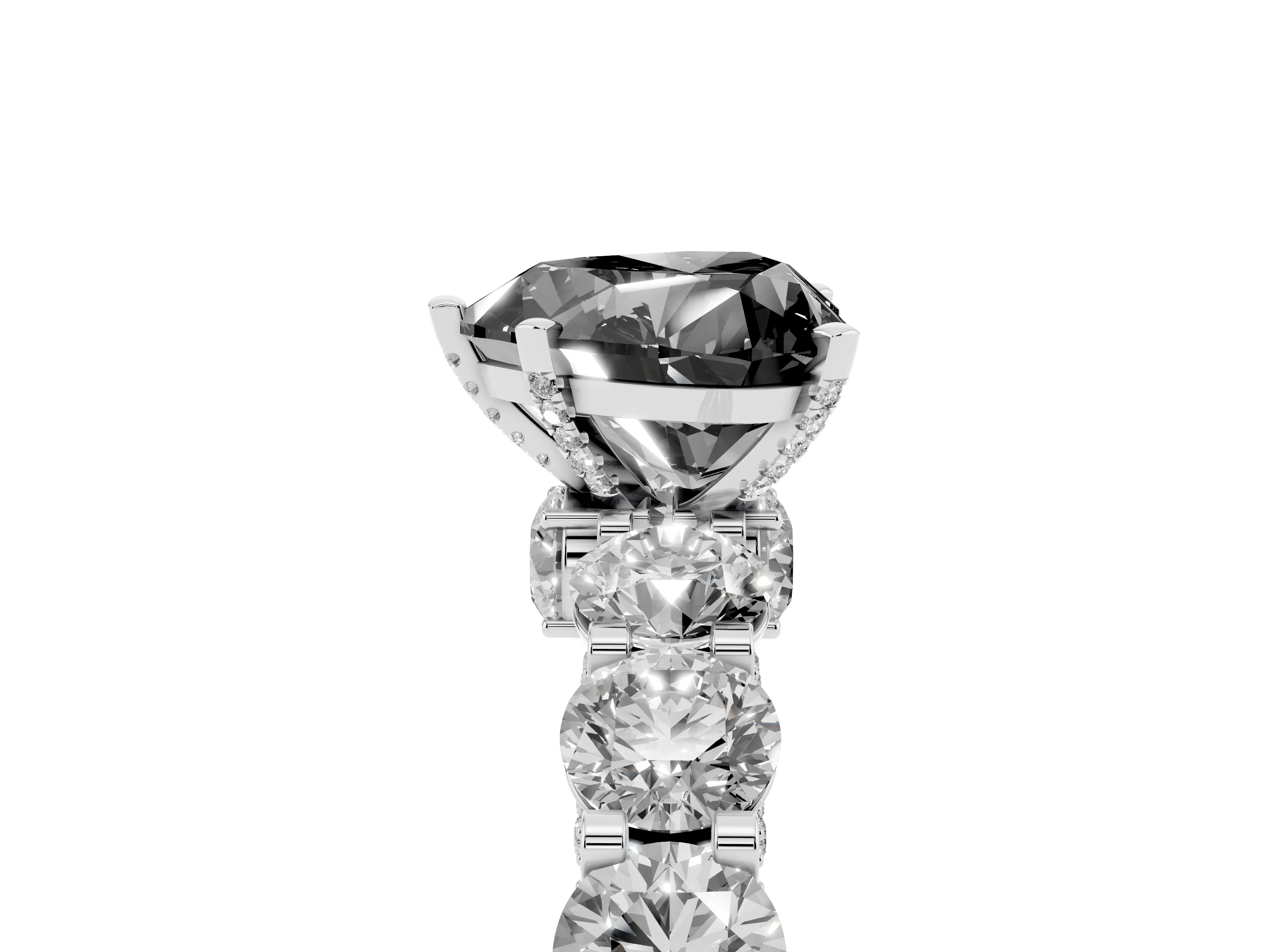 Fancy Black Heart Cut Diamond Side Stone Ring Set in Silver with Alternating Round and Oval Side Stones