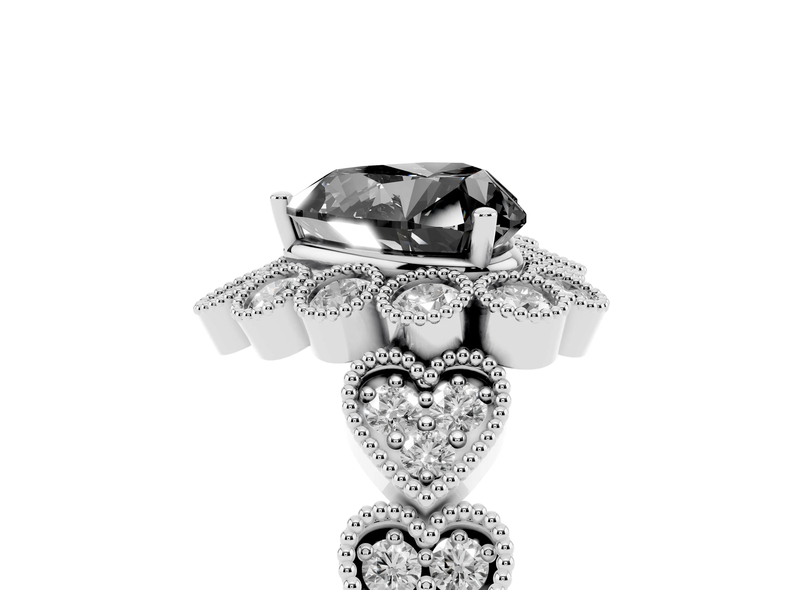 Fancy Black Heart Cut Diamond Solitaire Ring Set in Silver with Milgrain Pavé Heart Band