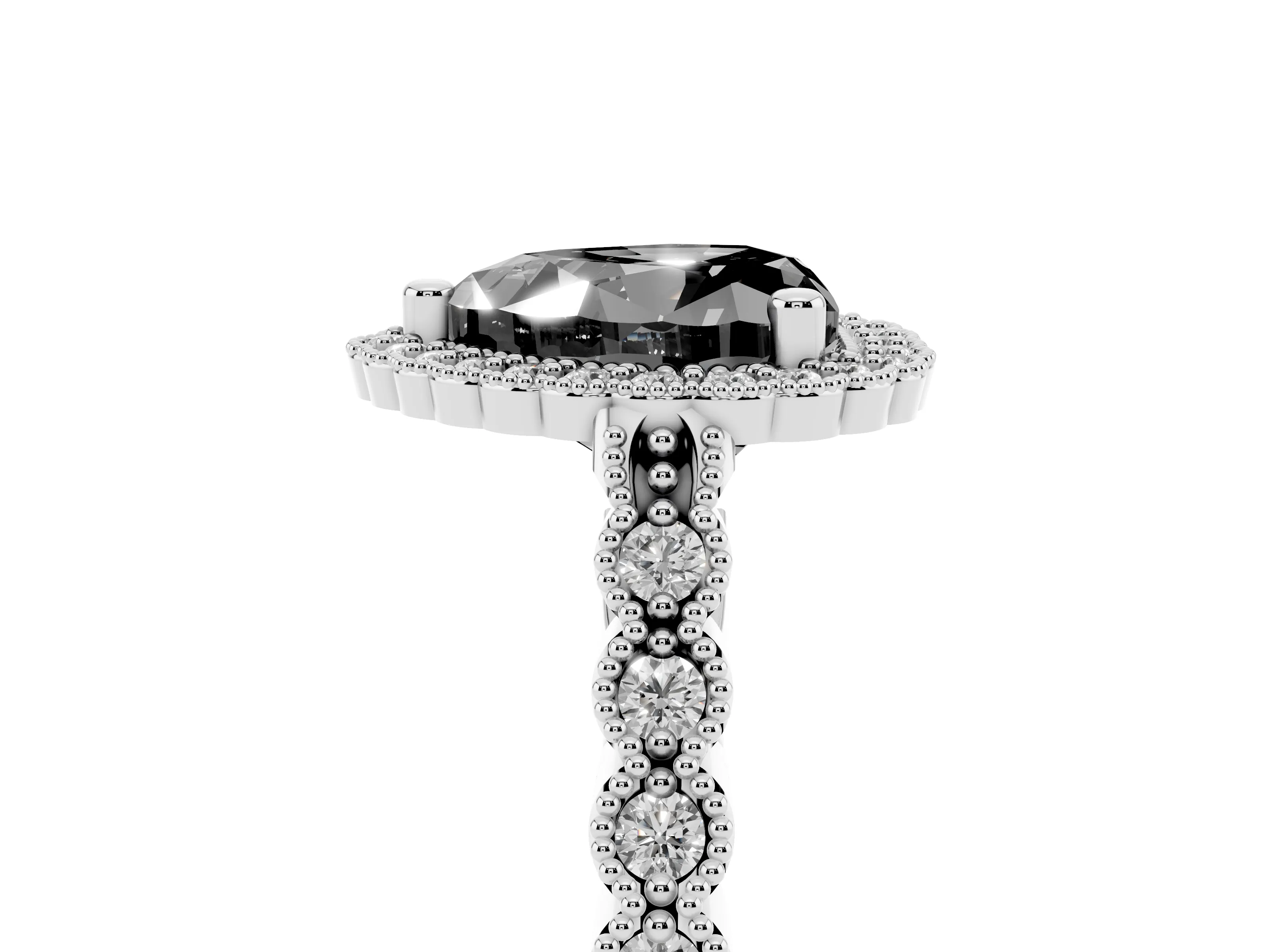 Fancy Black Heart Cut Diamond Halo Ring Set in Platinum with Pavé Milgrain Band