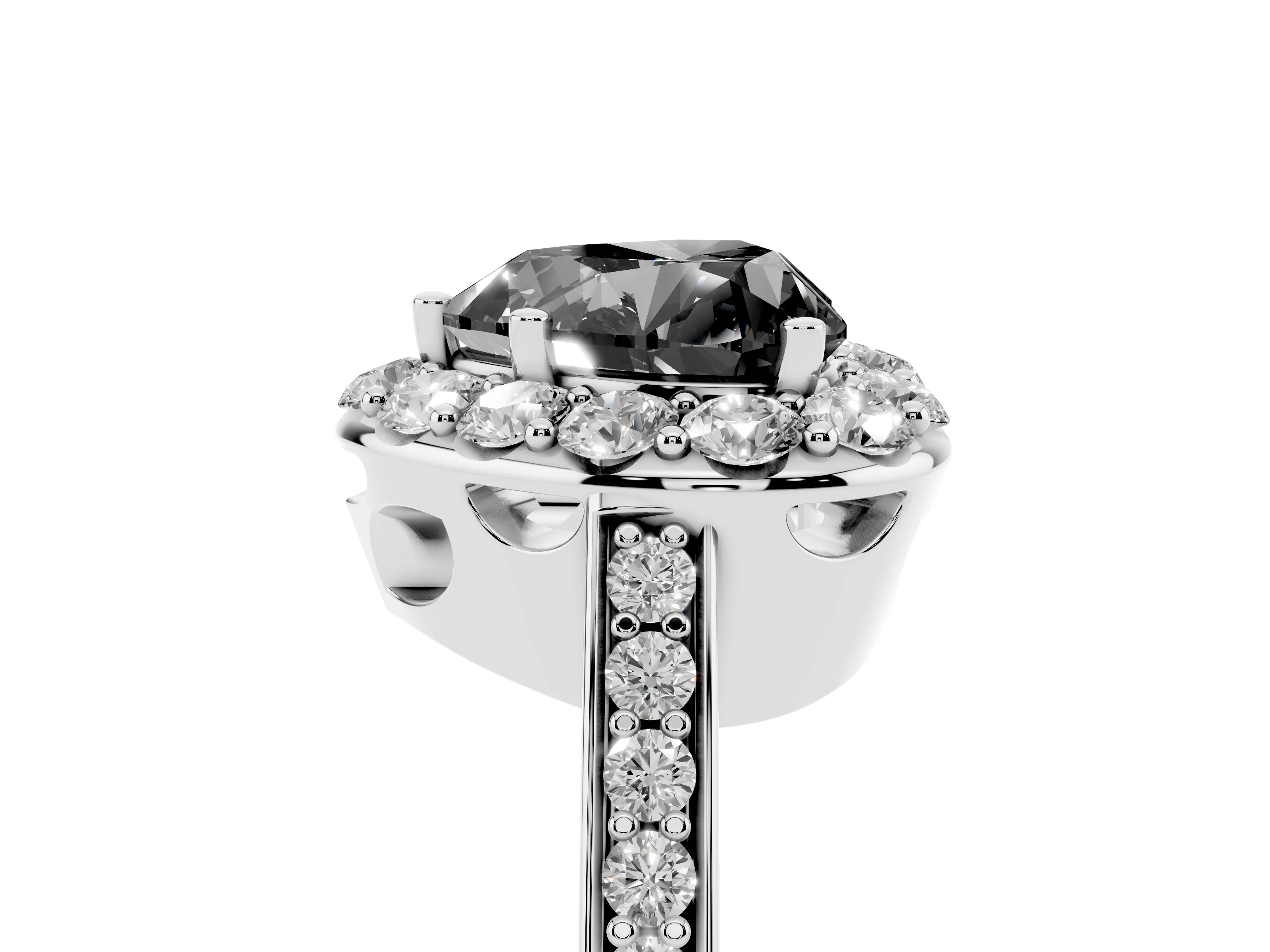 Fancy Black Heart Cut Diamond Floral Halo Ring Set in Platinum with Pavé Band and Prong Setting