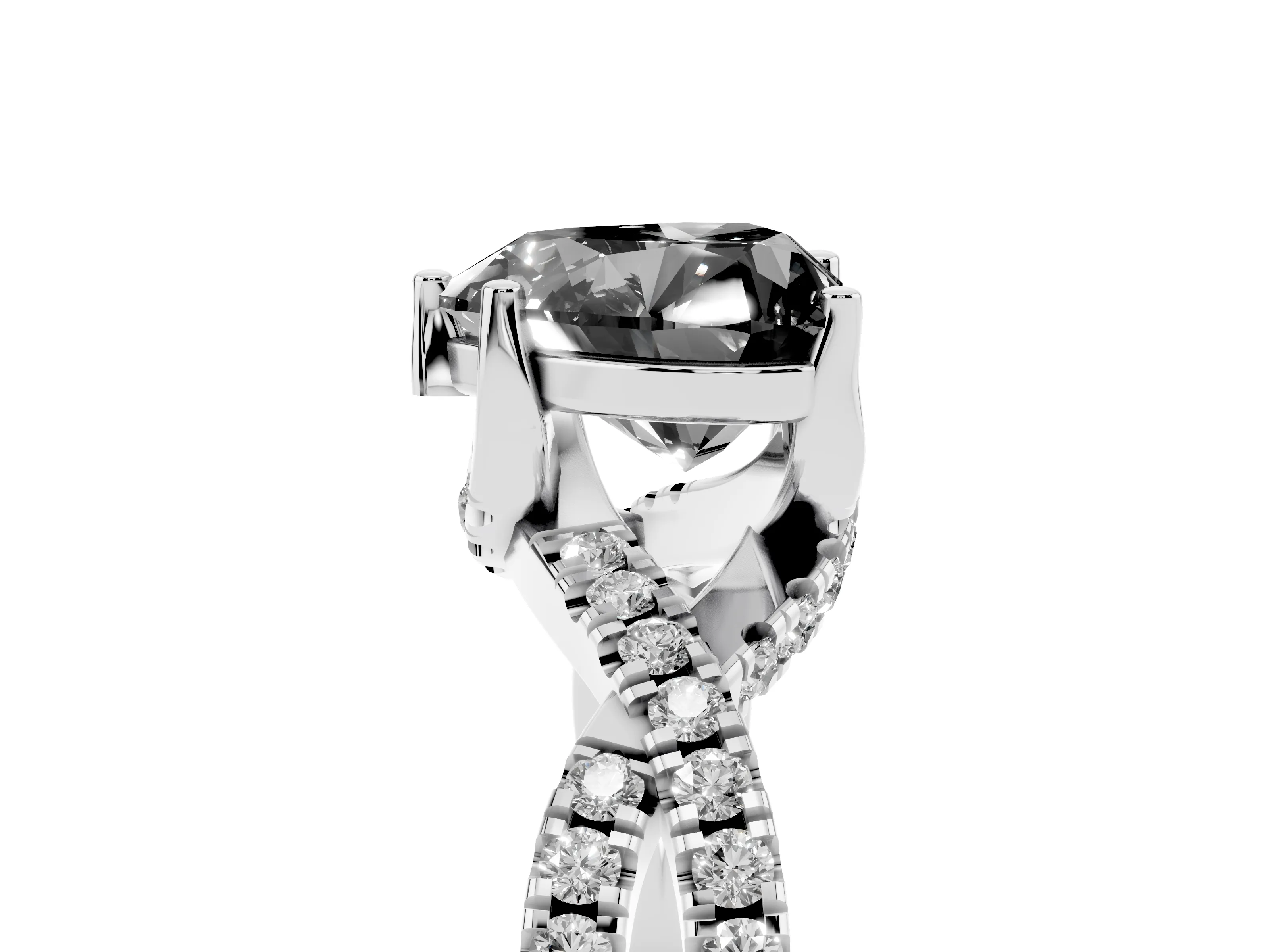 Fancy Black Heart Cut Diamond Twist Pavé Solitaire Engagement Ring Set in Silver with Prong Setting
