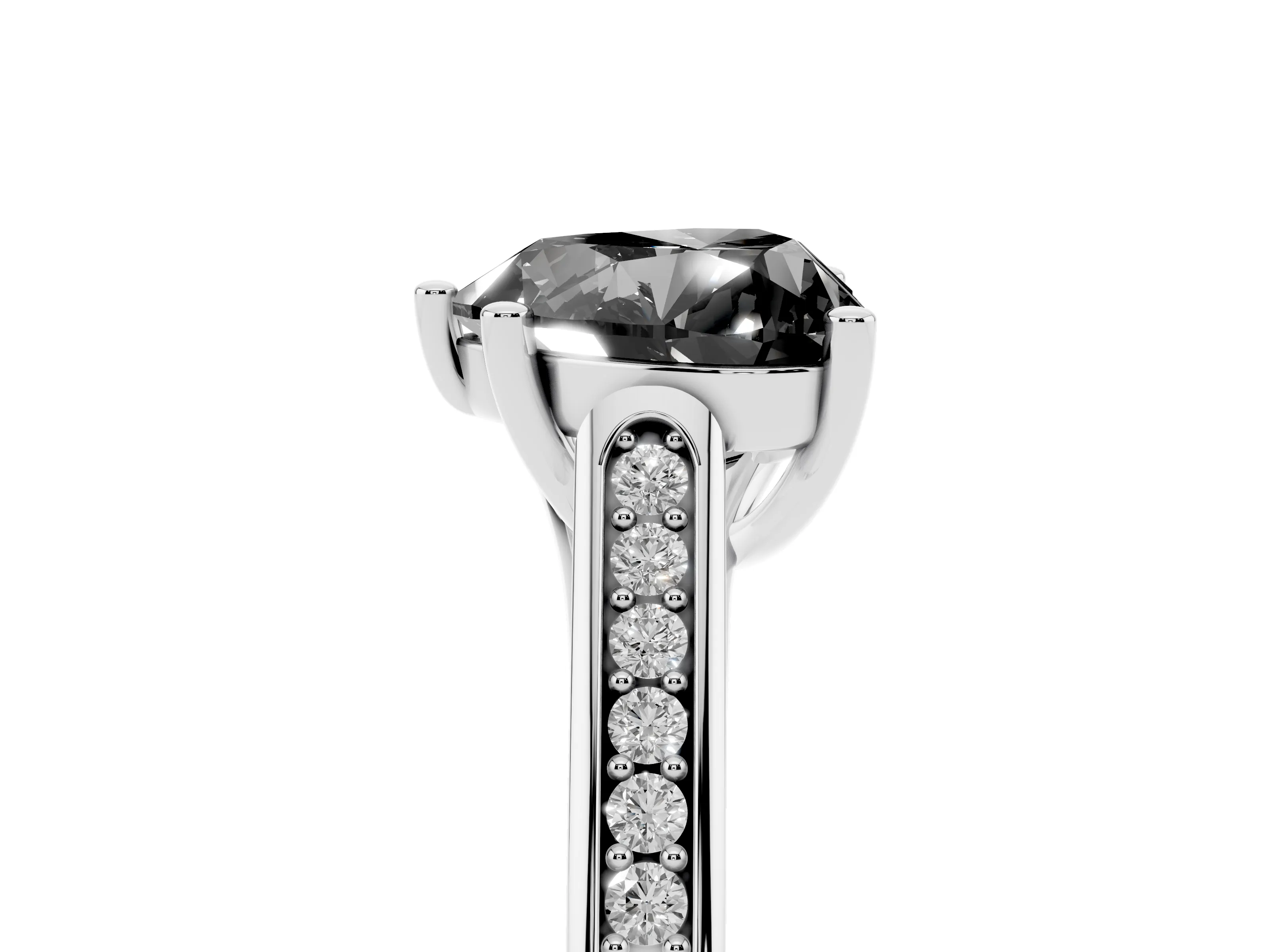 Fancy Black Heart Cut Diamond Solitaire Cathedral Engagement Ring Set in White gold with Channel-Set Band and Prong Setting