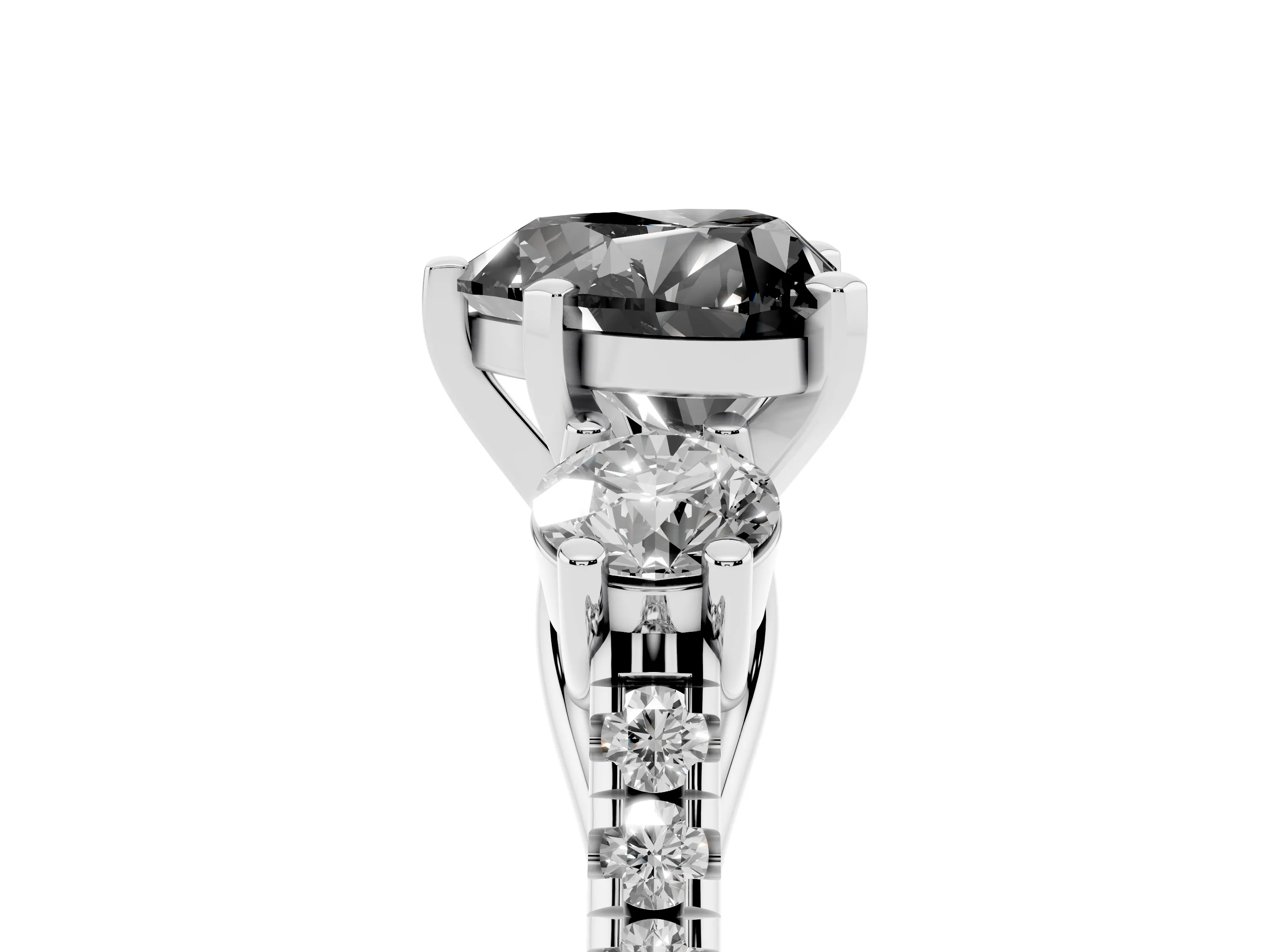 Fancy Black Three-Stone Heart Cut Diamond Pavé Band Ring Set in White gold with Prong-Set Trio