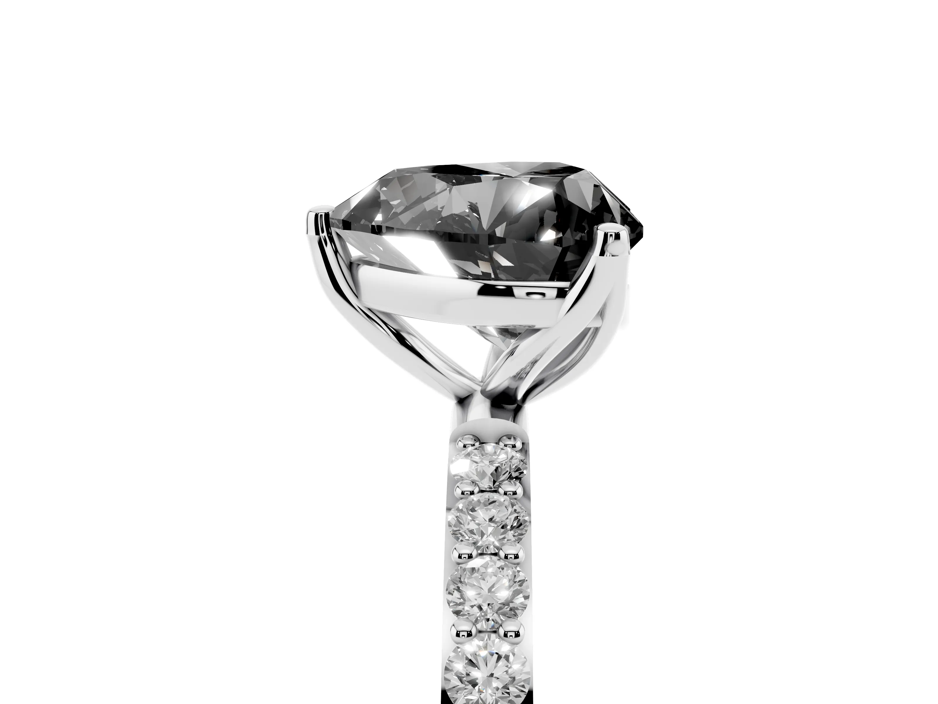 Fancy Black Heart Cut Diamond Solitaire Engagement Ring Set in White gold with Round Pavé Band and Prong Setting