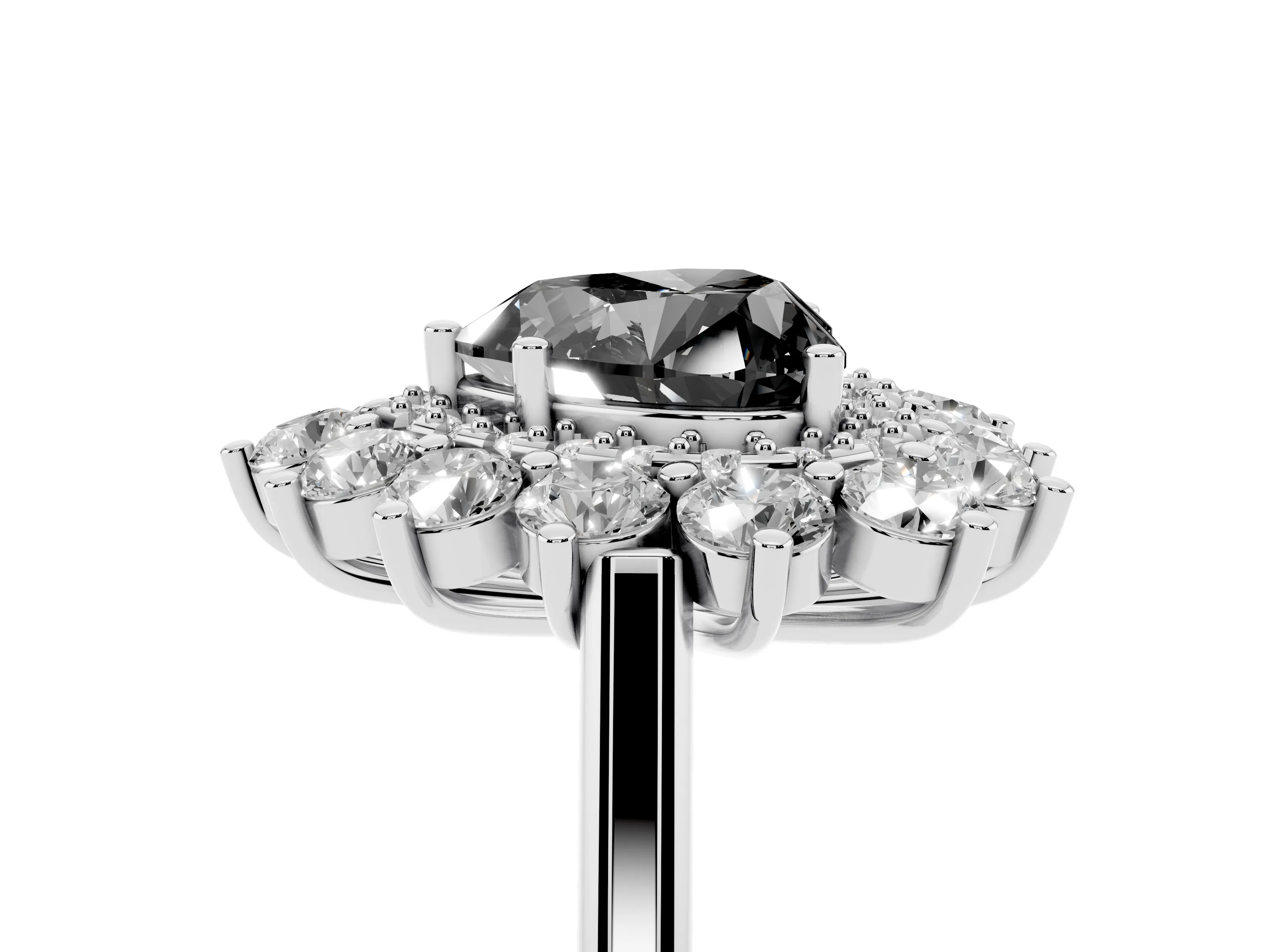 Fancy Black Heart Cut Diamond Floral Double Halo Ring Set in Silver with Round Petals