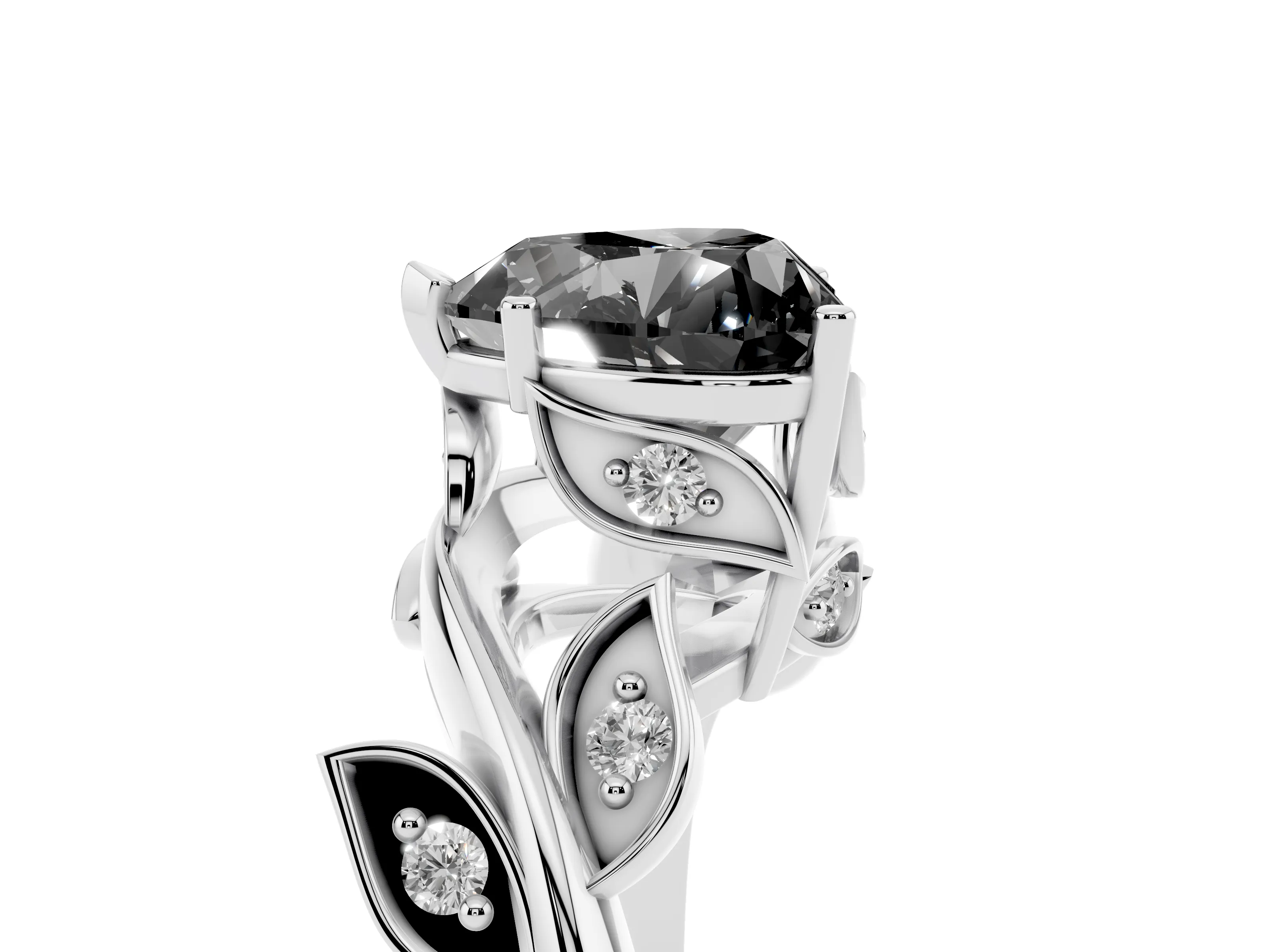 Fancy Black Heart Cut Diamond Solitaire Twist Engagement Ring Set in Platinum with Pavé Leaf Accents