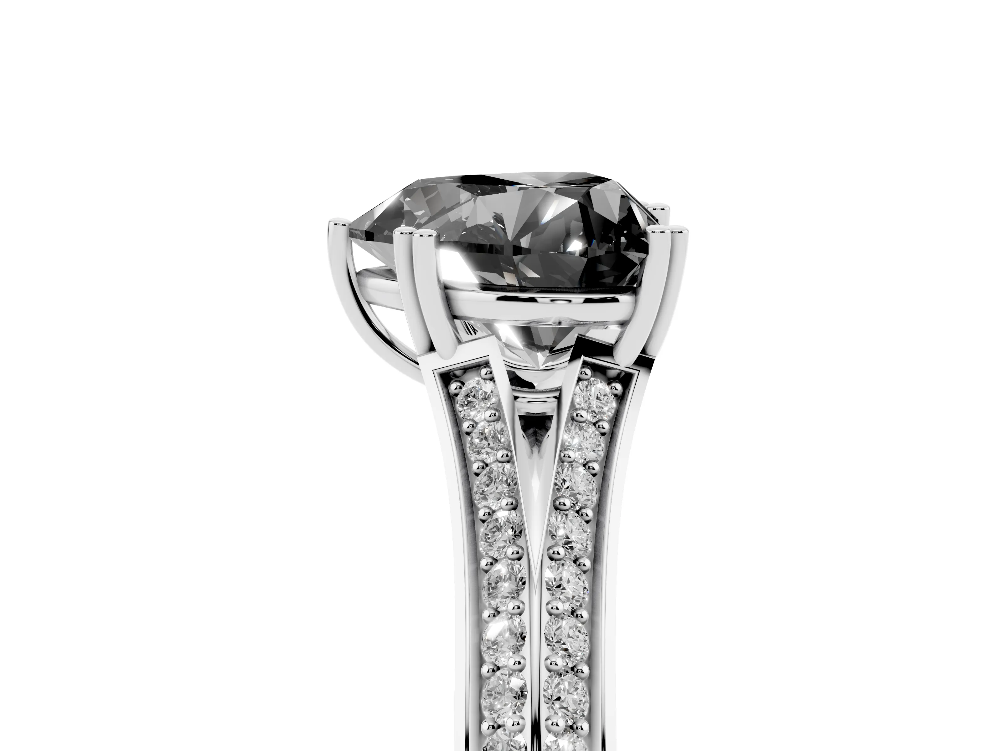 Fancy Black Heart Cut Diamond Split Shank Pavé Engagement Ring Set in White gold with Prong-Set Center Stone