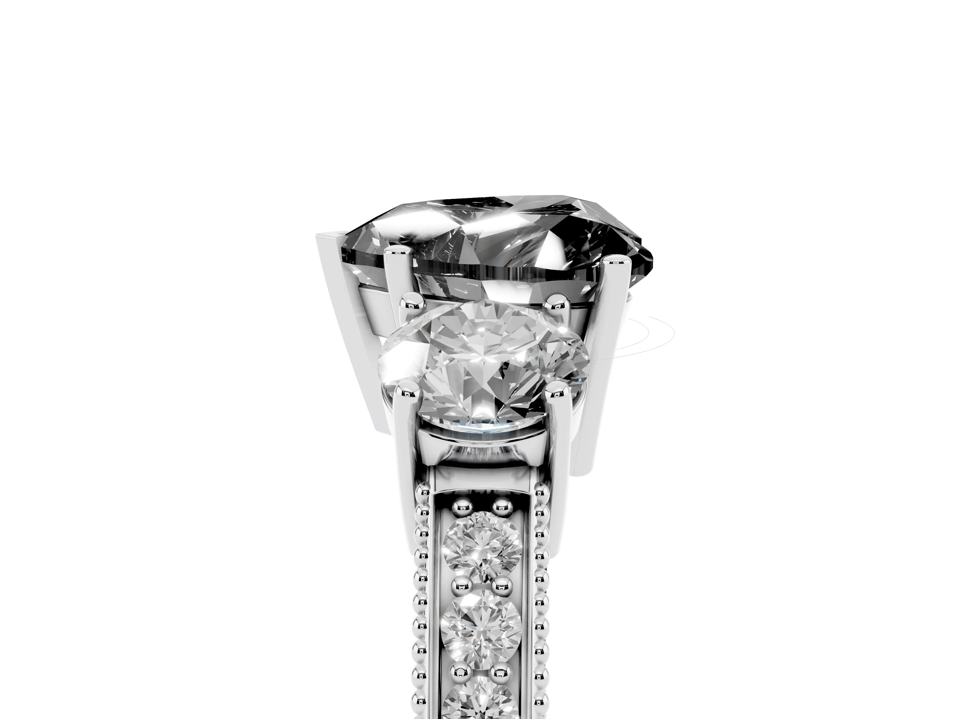 Fancy Black Heart Cut Diamond Three-Stone Ring Set in White gold with Round Side Stones and Pavé Band