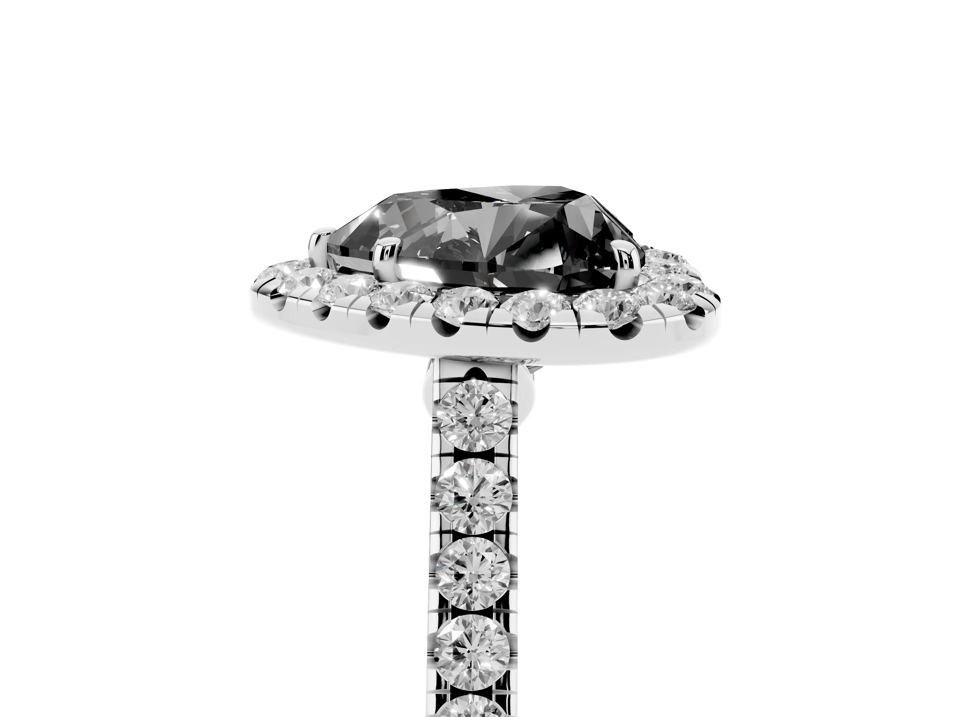 Fancy Black Heart Cut Diamond Halo Pavé Engagement Ring Set in White gold with Prong Setting