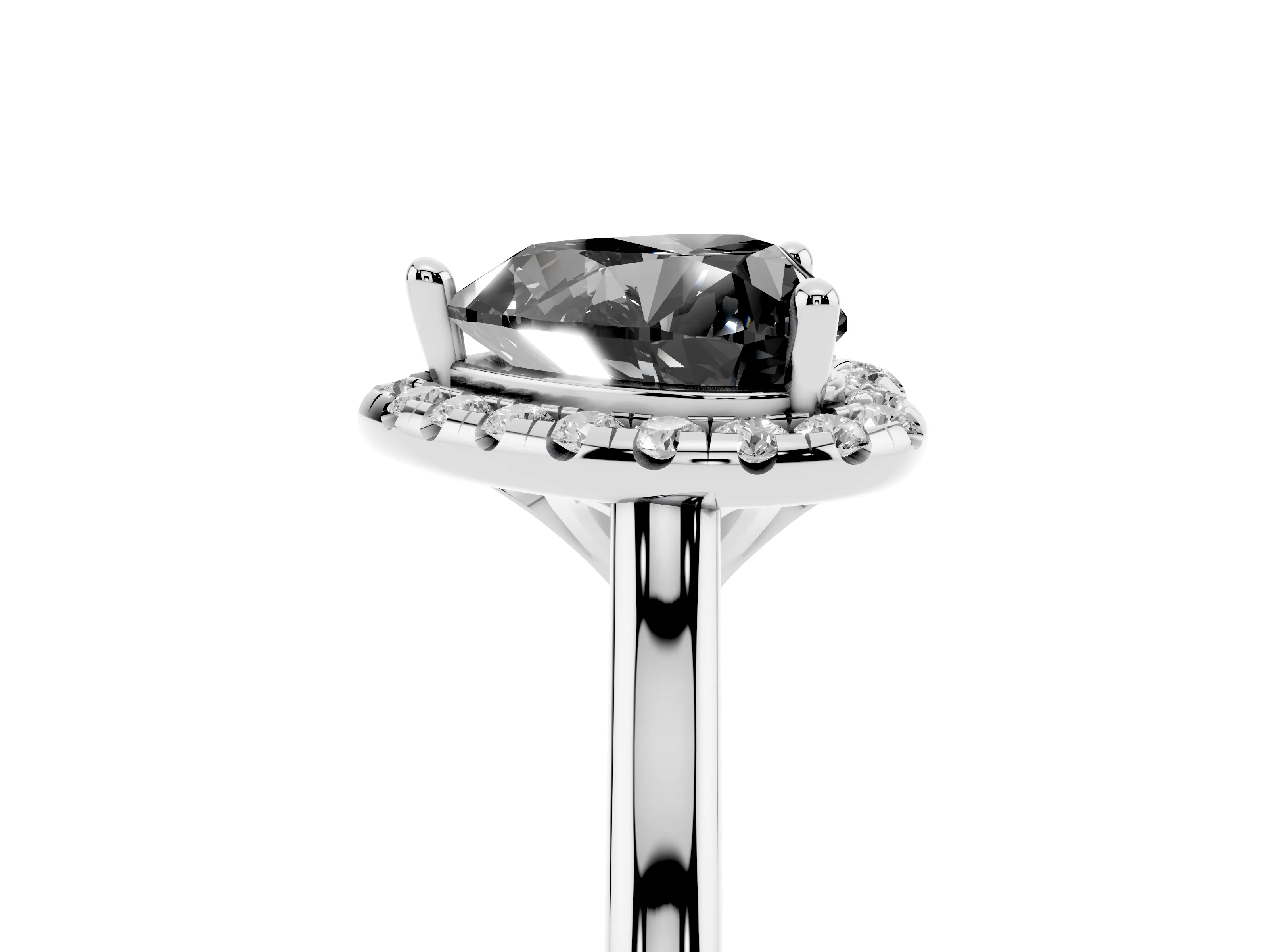 Fancy Black Heart Cut Diamond Halo Engagement Ring Set in White gold with Pavé Band and Rising Shoulders