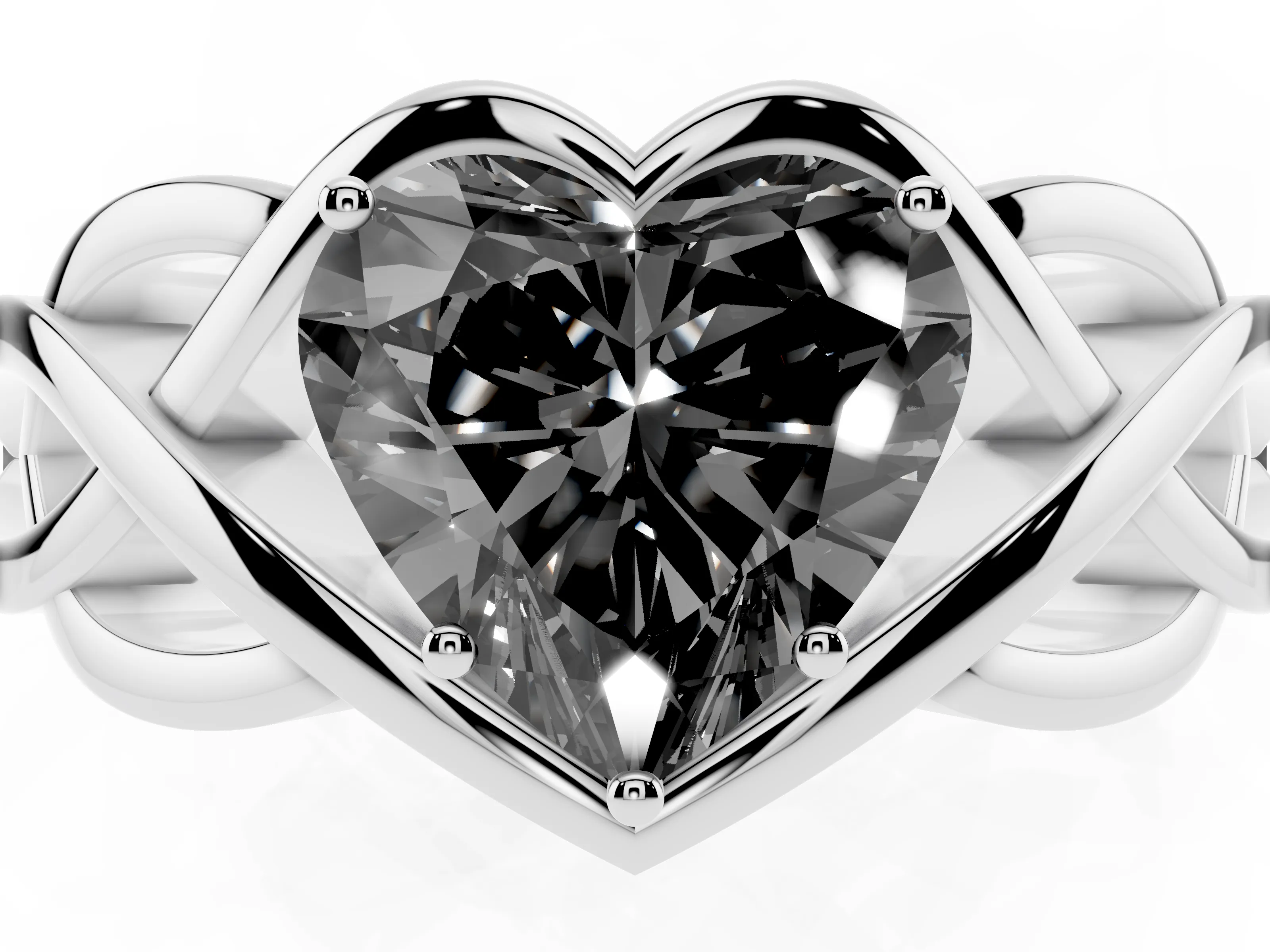 Fancy Black Heart Cut Diamond Solitaire Ring Set in Silver with Intertwined Band