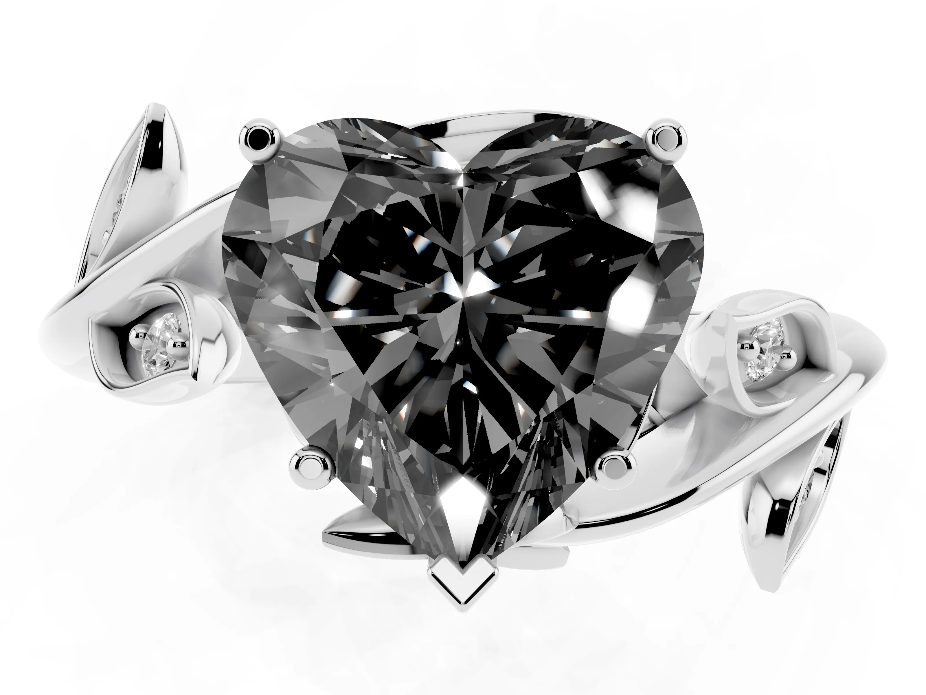 Fancy Black Heart Cut Diamond Solitaire Twist Engagement Ring Set in Platinum with Pavé Leaf Accents