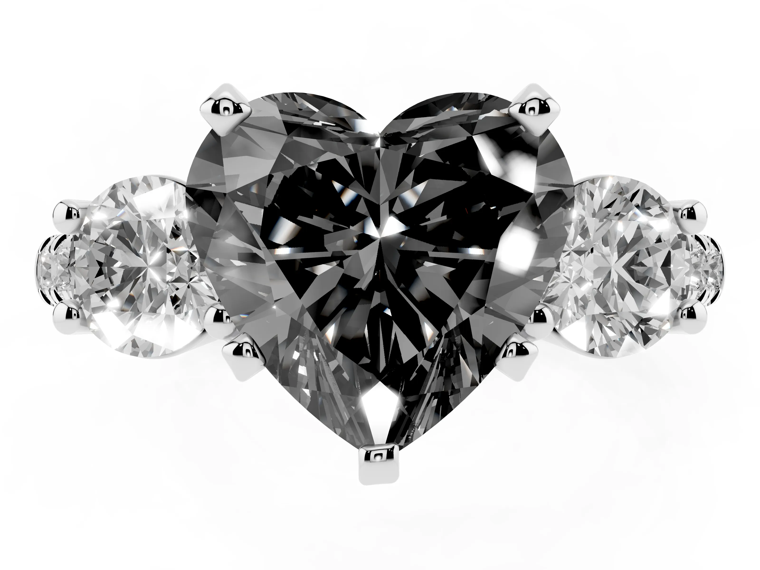 Fancy Black Three-Stone Heart Cut Diamond Pavé Band Ring Set in White gold with Prong-Set Trio