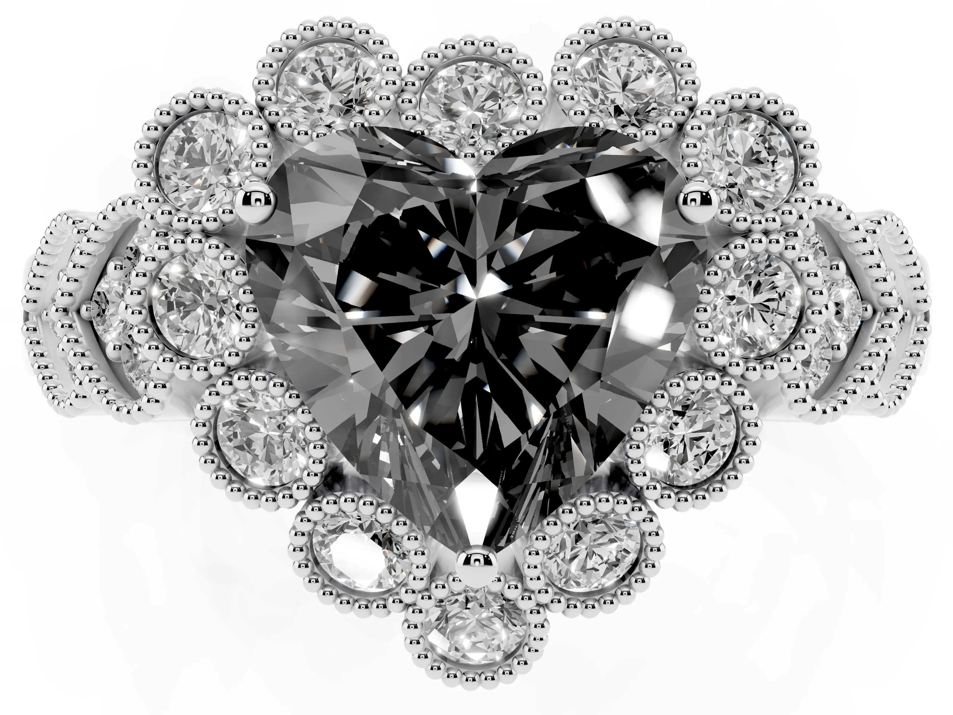 Fancy Black Heart Cut Diamond Solitaire Ring Set in Silver with Milgrain Pavé Heart Band