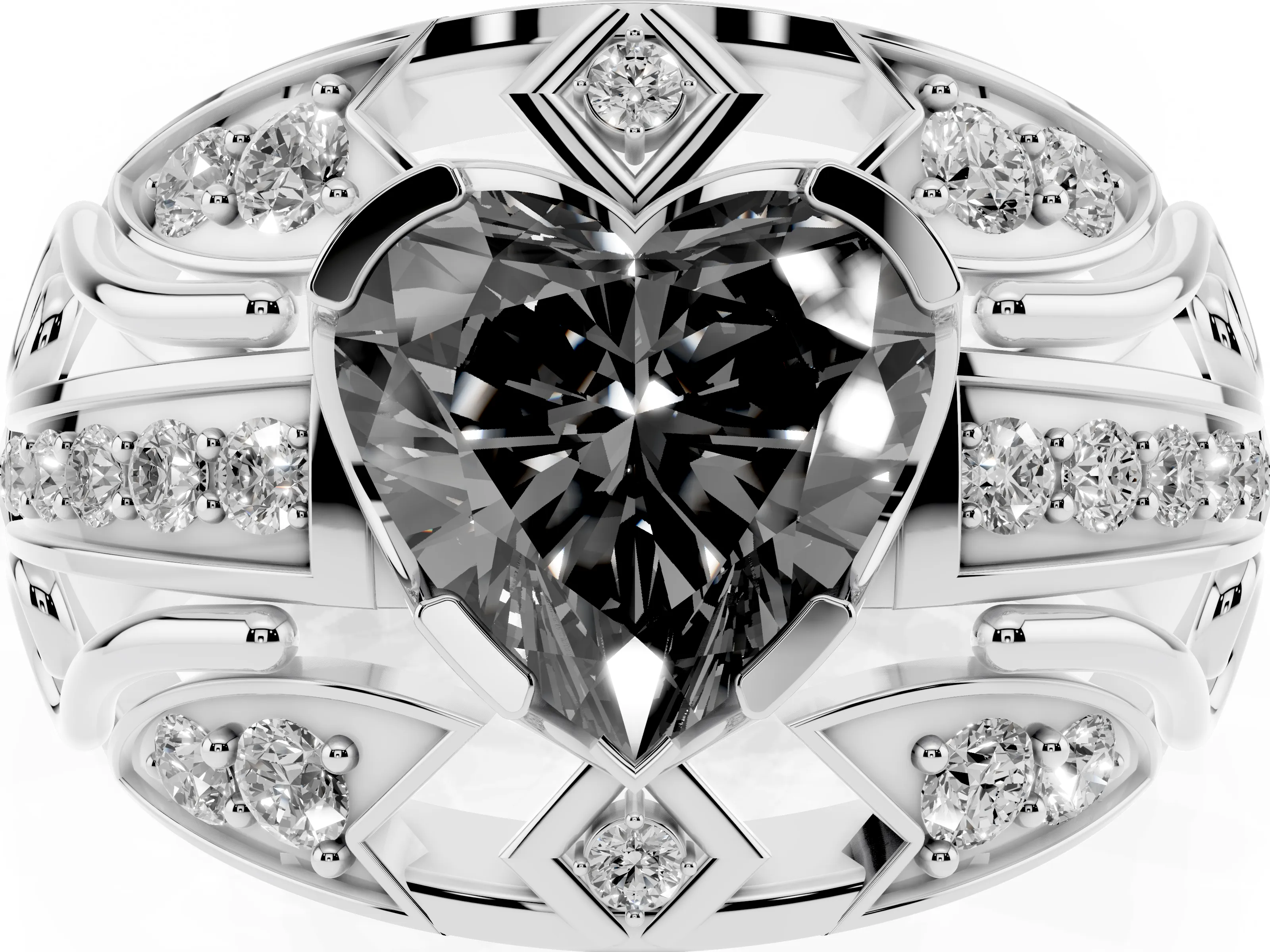 Fancy Black Heart Cut Diamond Art Deco Ring Set in Silver with Pavé Split Shank