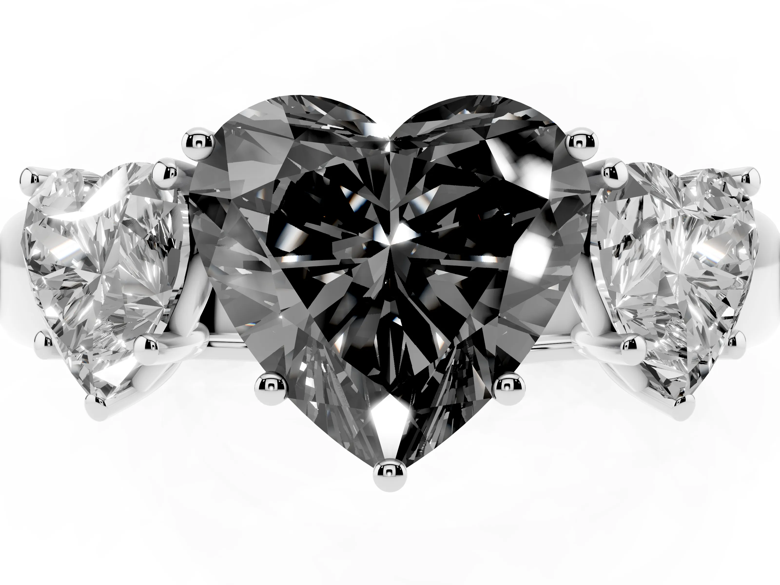 Fancy Black Three-Stone Heart Cut Diamond Ring Set in Silver with Matching Prong Settings and Plain Band