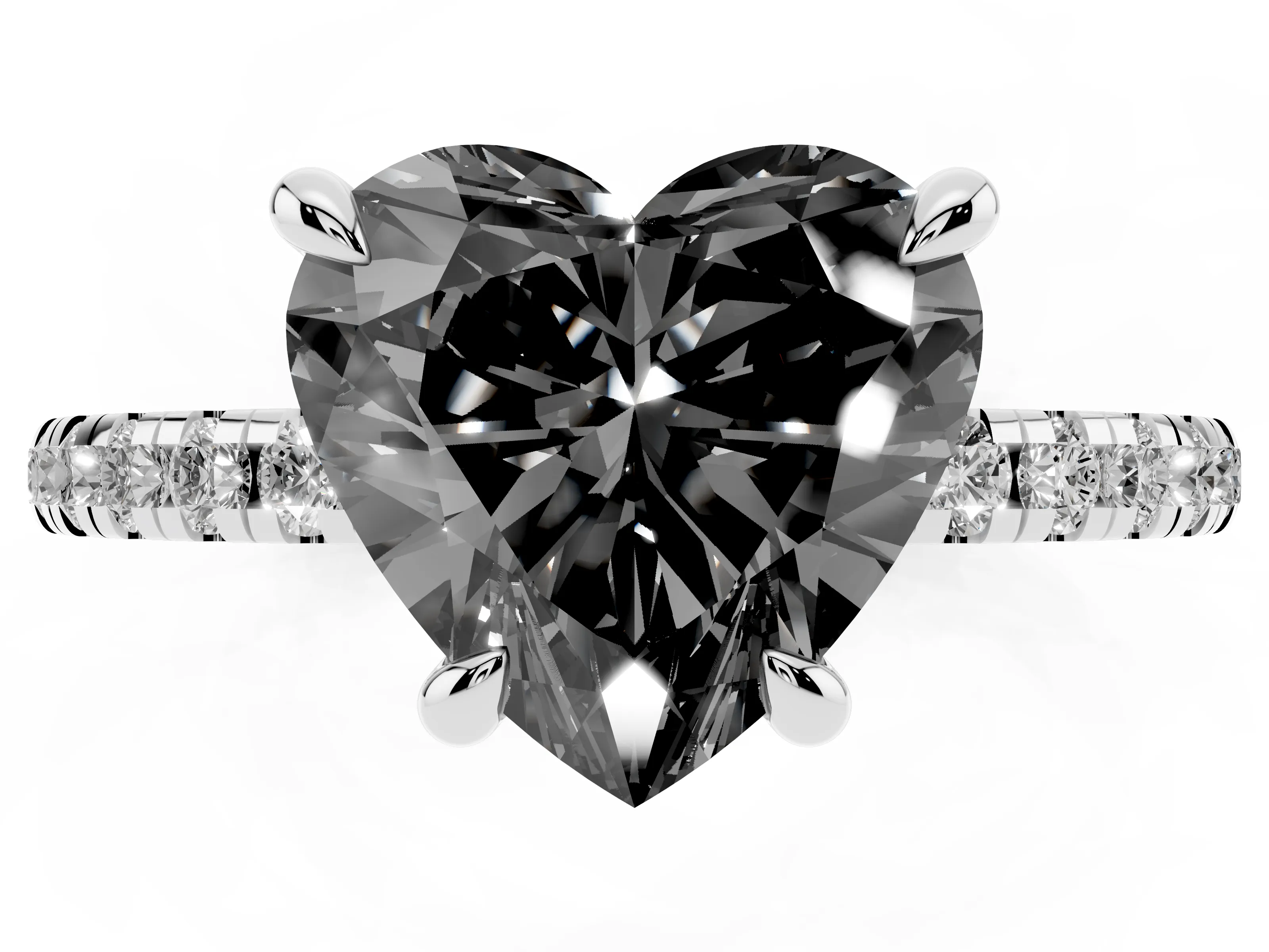 Fancy Black Heart Cut Diamond Brilliant Solitaire Ring Set in White gold with Pavé Band and Prong Setting